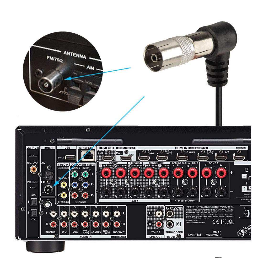 Antena FM 75 Ohm Antena FM para Pioneer Onkyo Yamaha Marantz Bose Wave Sistema de música Interior Digital HD Radio FM Radio FM Bluetooth Receptor estéreo AV Audio Video Receptor de cine en casa 7