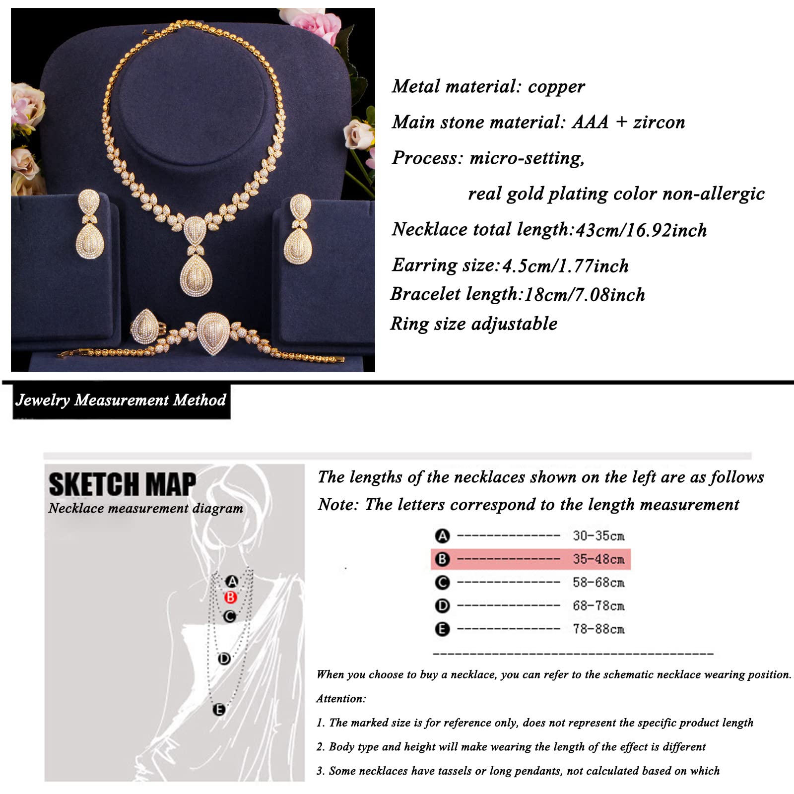 SVRITE Dubai africano placcato oro 18 carati, collana e orecchini, bracciali e anelli da donna, set di gioielli italiani per sposa, accessori per feste di nozze, in metallo, non è una