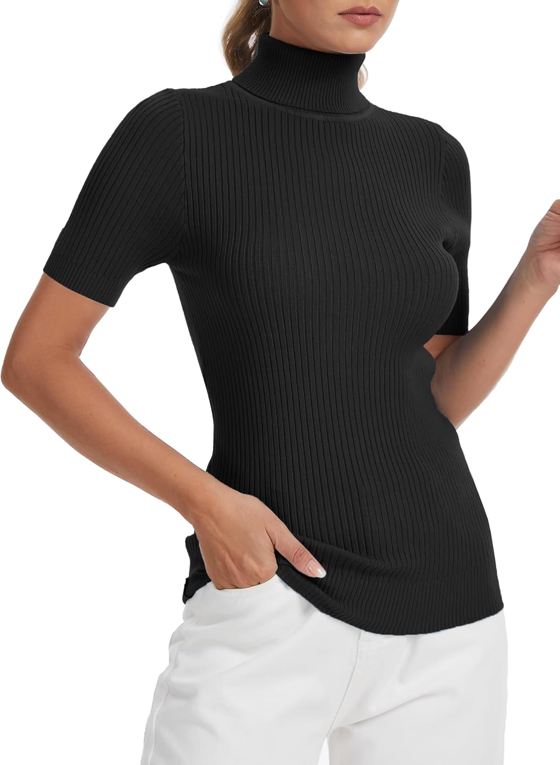 Women's Fall Short Sleeve Sweater Turtleneck Pullover Tops Winter Basic Ribbed Knit Slim Fitted Casual Shirts - Image 2