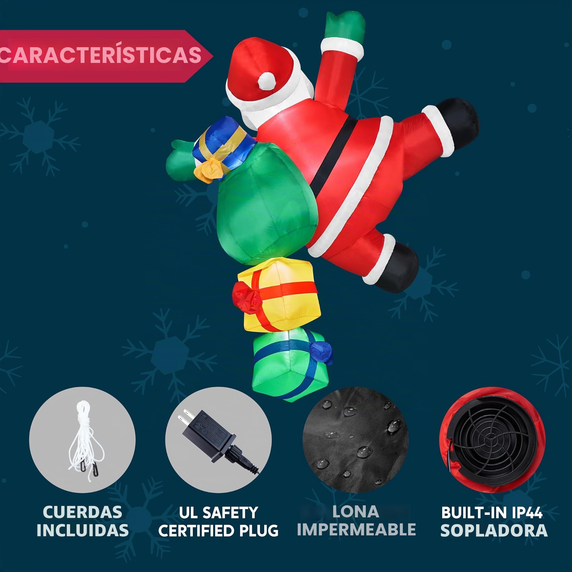 JOIEDOMI Papá Noel Inflable de Navidad de 6 pies de Alto con Bolsas de Regalo, Papá Noel Inflable para Colgar en Exteriores con Luces LED integradas para decoración de Fiestas navideñas