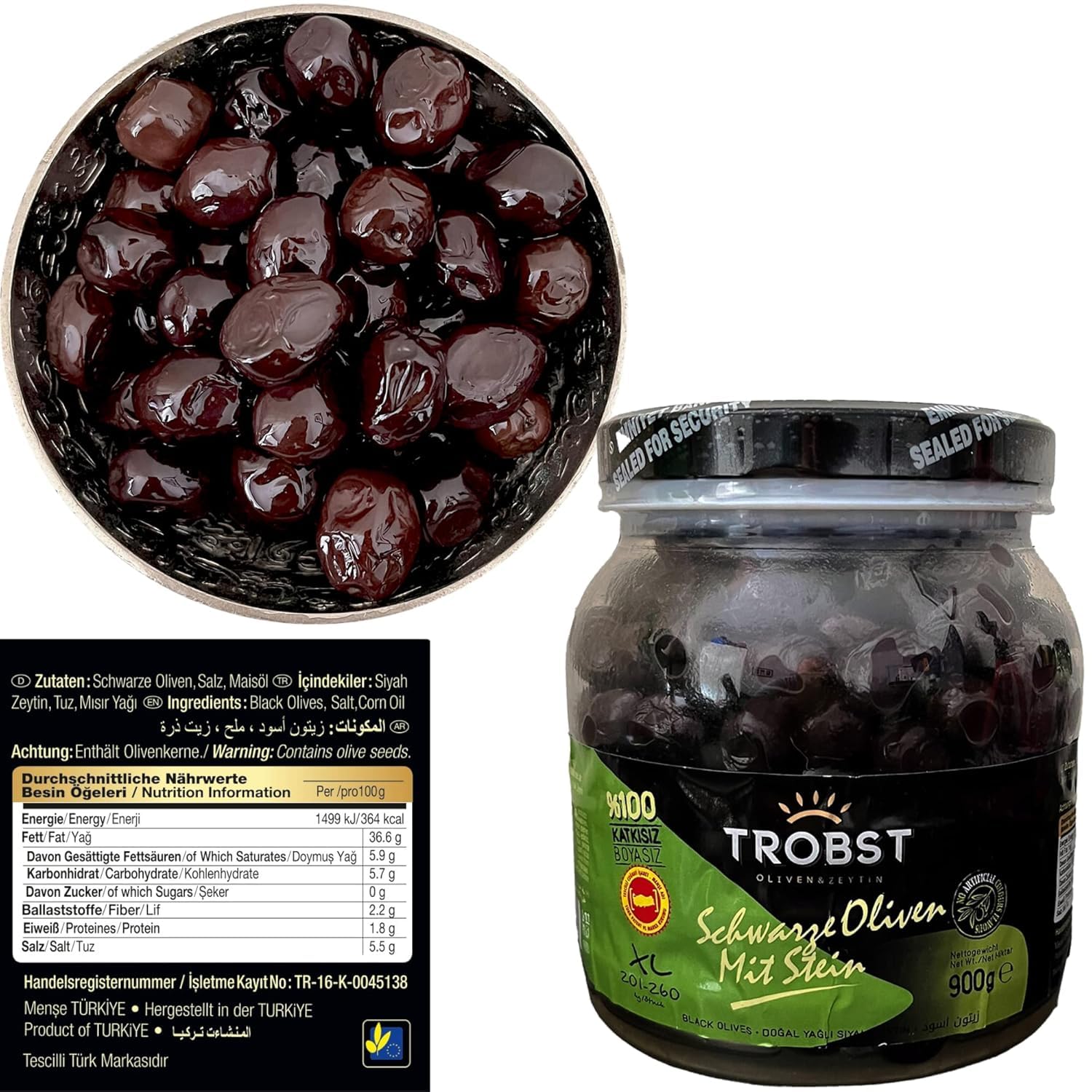 TROBST Schwarze Oliven 6x900 Gr Large mit Stein, Gemlik Olive, eingelegt in Salzlake, echte Tafelolive, Natürlich Gereift und Fermentiert, Aromatisch (6er Pack - 6 x 900 Gramm)