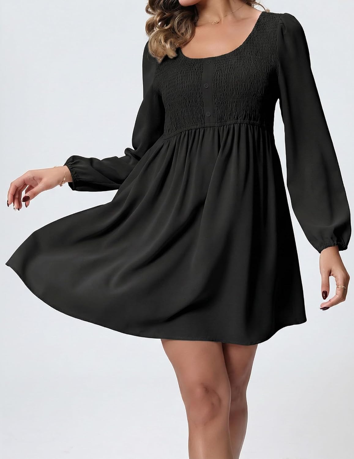 2025 Women's High Waist A-Line Mini Dress Casual Smocked Crew Neck Button-Front Long Sleeve - Image 3