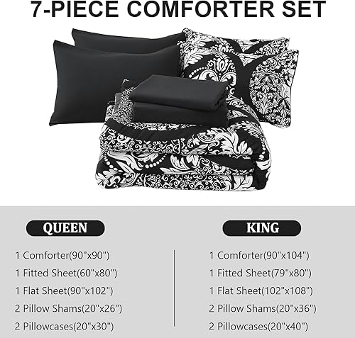 Miniatura 4 de Anibedding Juego de edredón negro tamaño Queen de 7 piezas, juego de edredón de damasco bohemio de microfibra suave y ligera para todas las