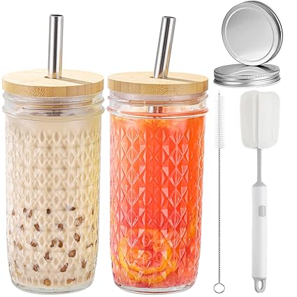 ASANMEYO Boba Cup, Reusable Bubble Tea Cup, 2 PCS Mason Jar Cups Tumbler with Bamboo Lids and Straws & 2 Airtight Lids, 24 Oz Diamond Texture Wide Mouth Iced Coffee Tumbler, Glass Smoothie Cups