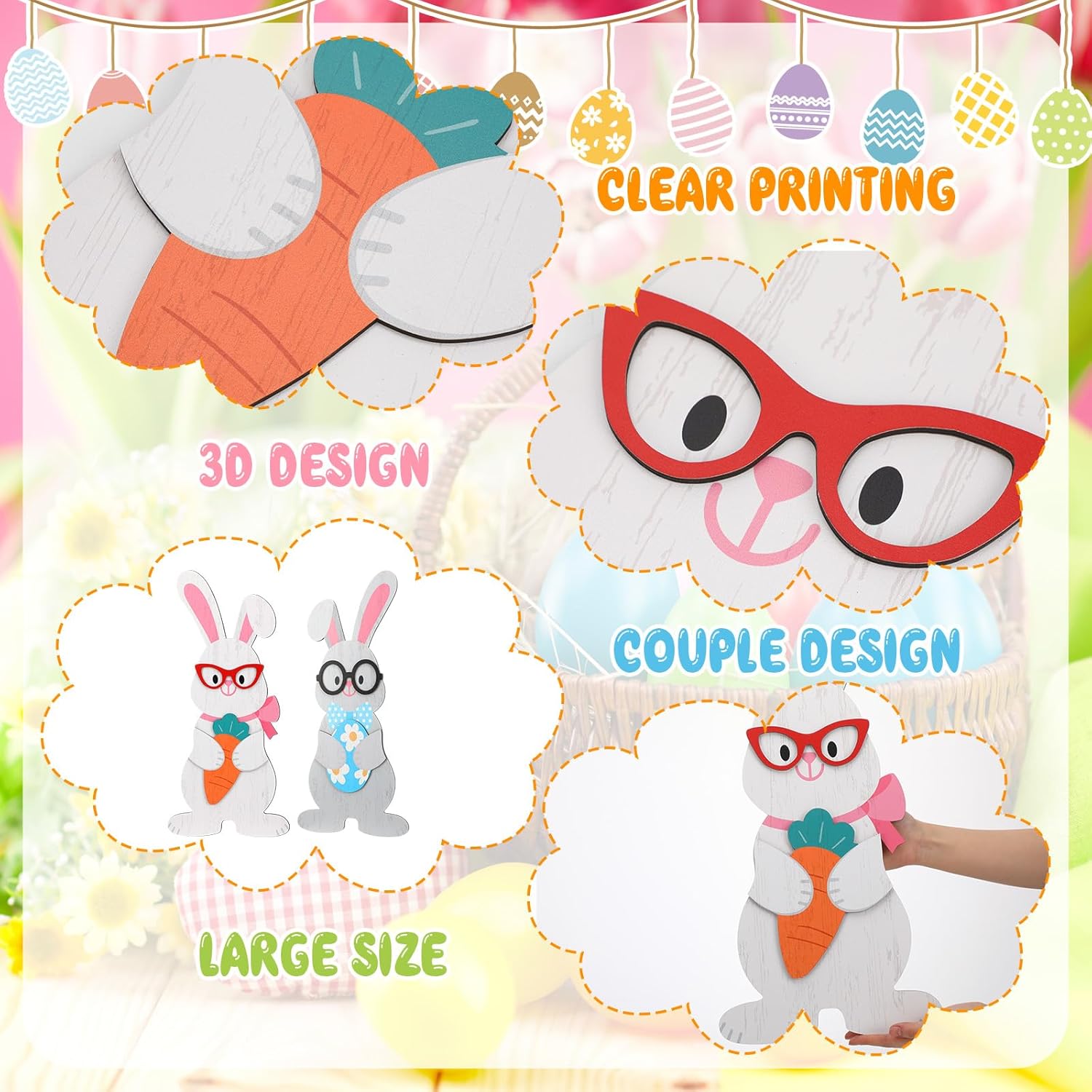 Condition photo showing New/Like New for yousoontic 2 pcs 22" h easter couple bunny porch decor outdoor large easter wooden bunny standing porch sign rustic farmhouse rabbit decor with glasses carrot egg for front door indoor outdoor yard