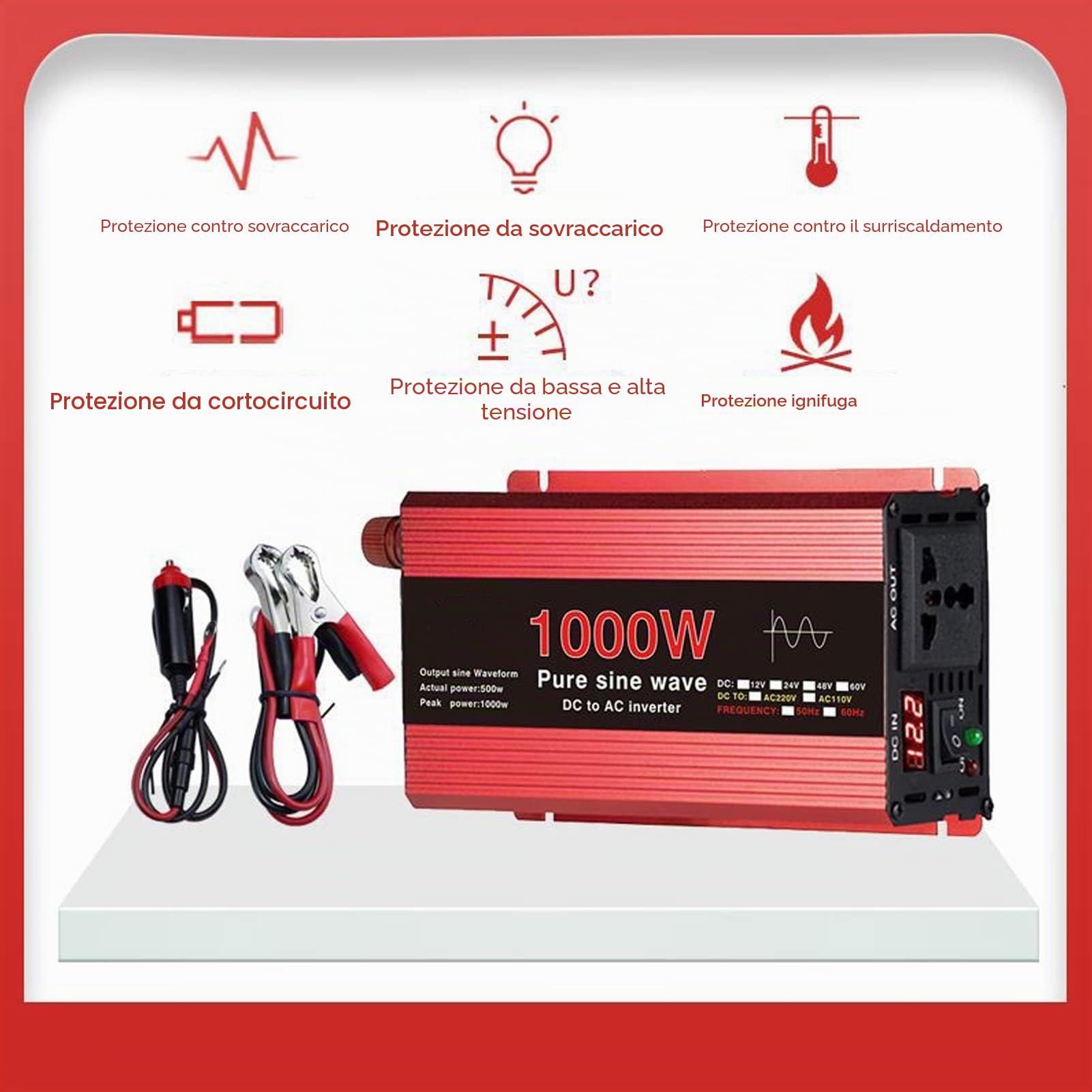 Inverter di potenza, convertitore di inverter per auto a onda sinusoidale pura Ventola incorporata 1000W DC 12V a AC 220V Ampia compatibilità per barca