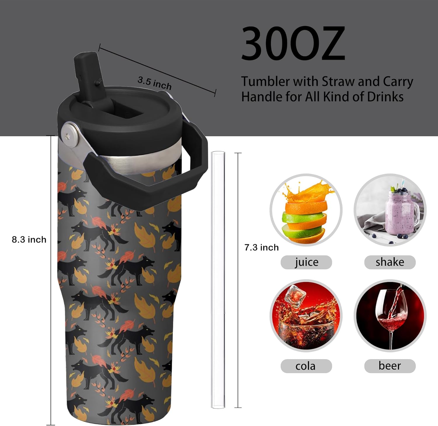 30oz Wolf Tumbler with Handle and Flip Straw, Stainless Steel Insulated Cup, Travel Coffee Mug Water Bottle, Birthday Mothers Day Chritmas Gifts for Women Animal Lovers - Image 2