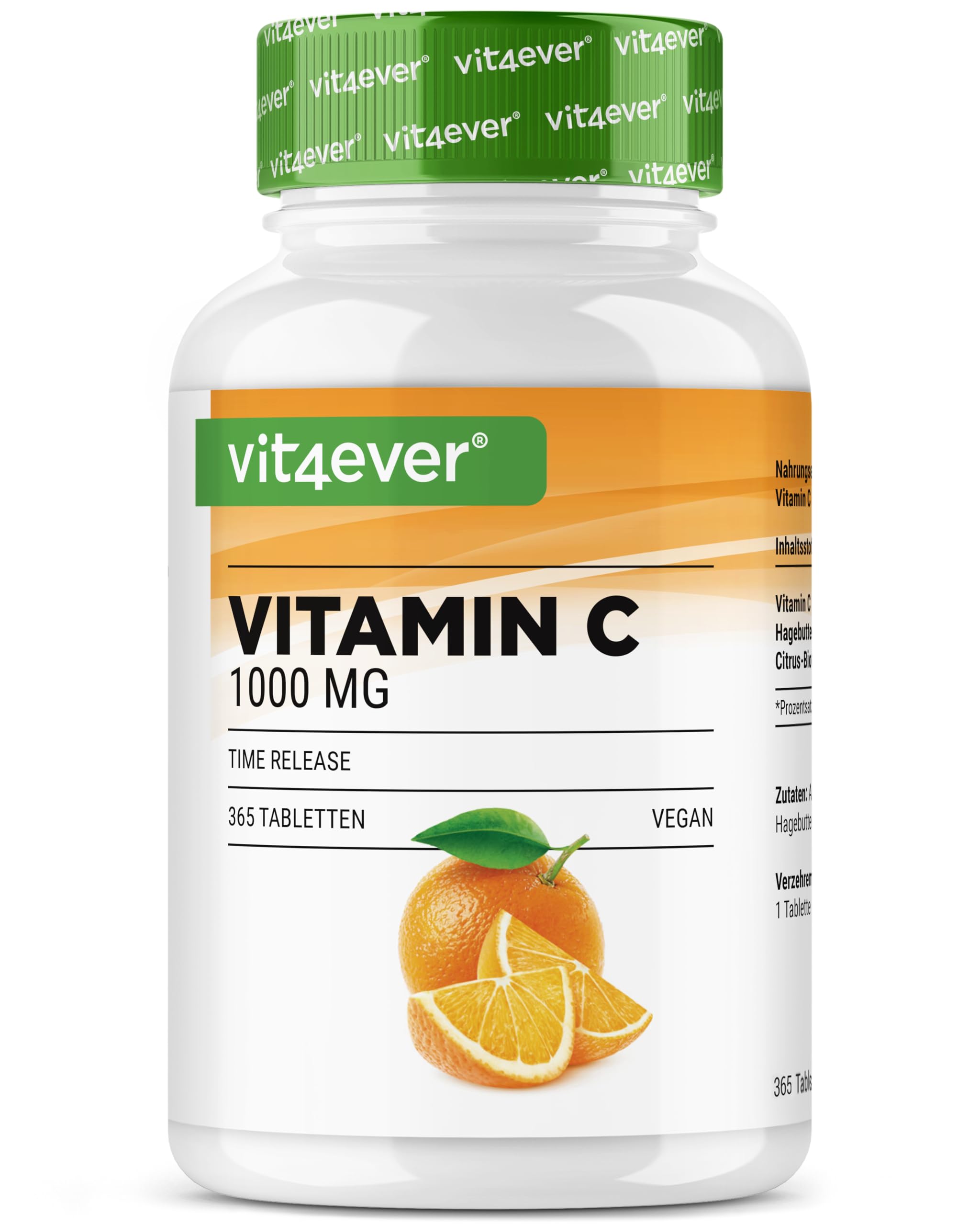 Vitamine C 1000 mg - 365 Comprimés - Format 12 Mois - Time Released Effekt - Comprimé avec Vitamine C + Extrait de Cynorhodon + Bioflavonoïdes d’Agrumes - Végétalien