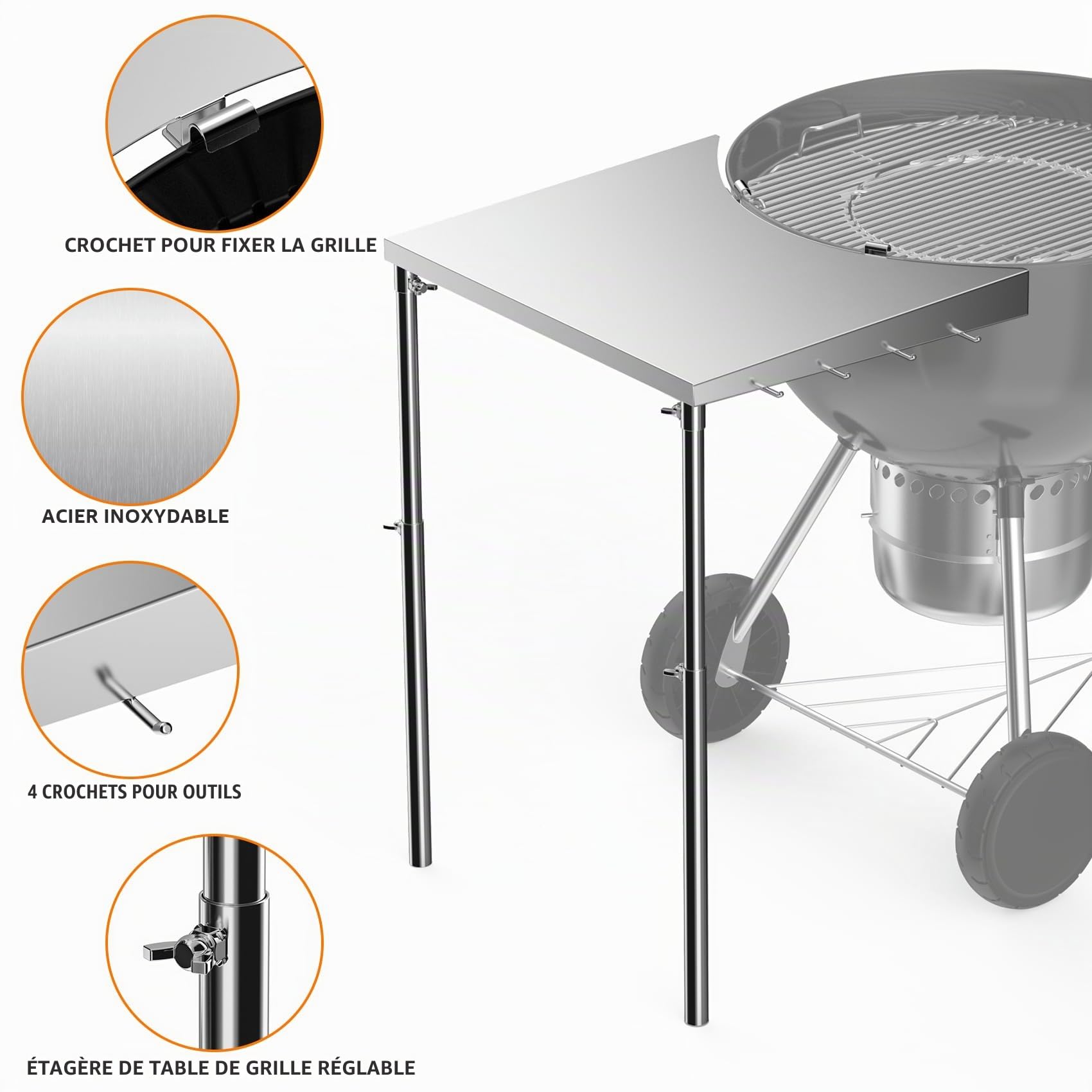 onlyfire Table de Barbecue Amovible en Acier Inoxydable pour Weber 47 cm et 57 cm - Table d'appoint en INOX - Accessoire pour Barbecue à Charbon Weber