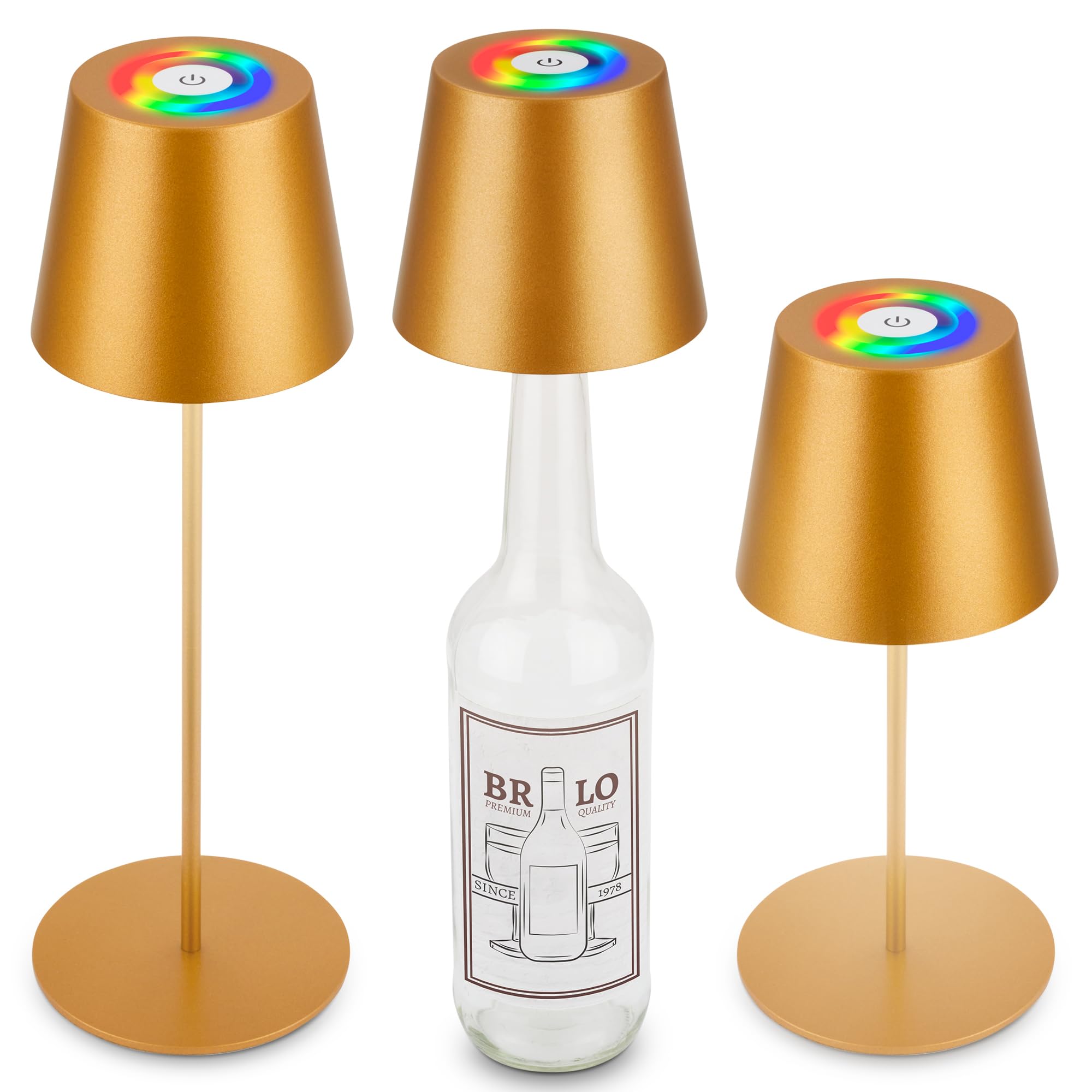 BRILONER - 3 in 1 RGBW LED Table Lamp Wireless IP44 with Touch, Continuously Dimmable, Battery & Light Source Replaceable, Bedside Lamp, LED Lamp, Table Lamp, Wine Lamp, Bottle Lamp Attachment, Gold