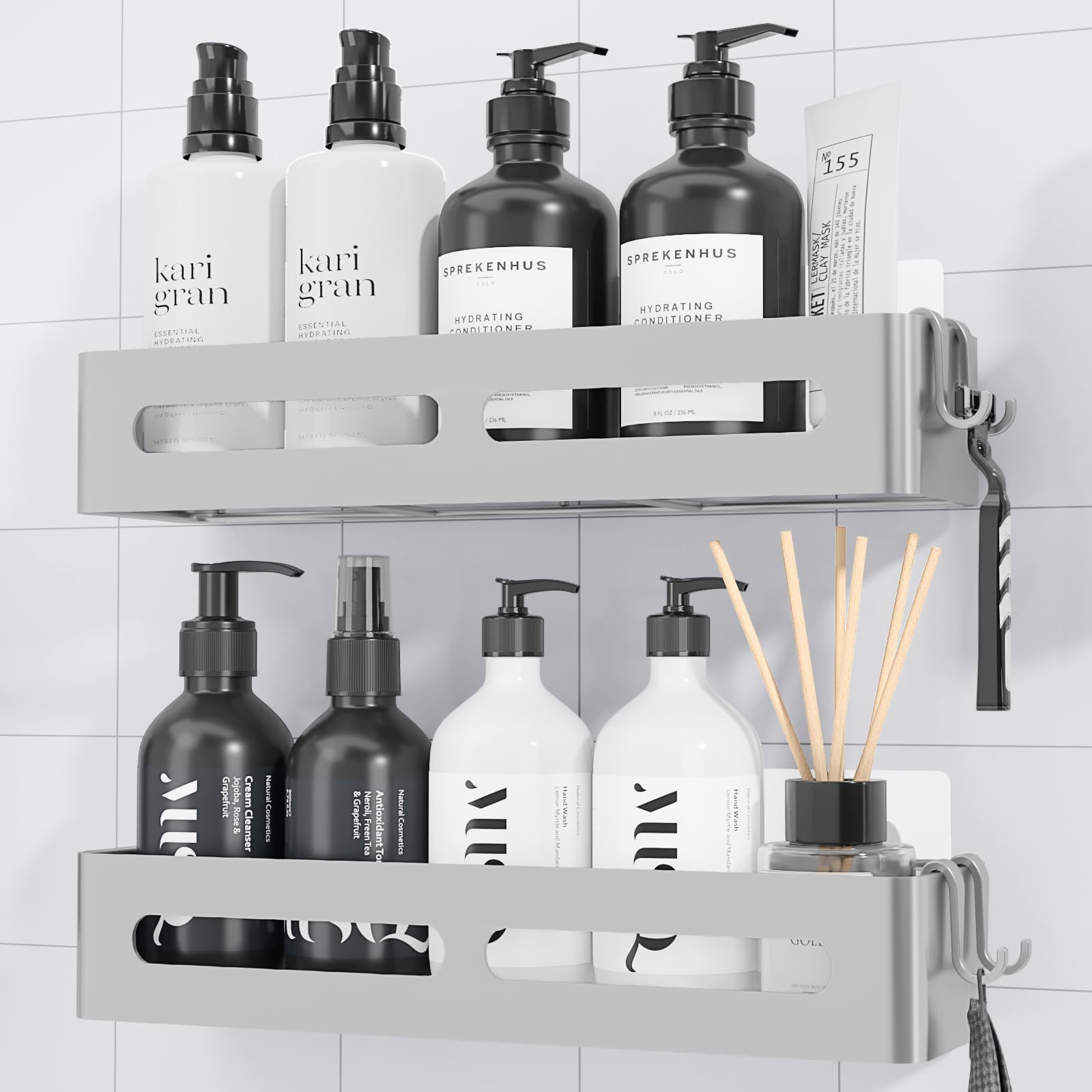 Kitsure Shower Storage - 2-Pack, No Drilling Shower Shelf with Large Capacity, Self-Adhesive Shower Caddy with 4 Removable Hooks, Silver, 33.5 x 12.0 x 5.5 cm