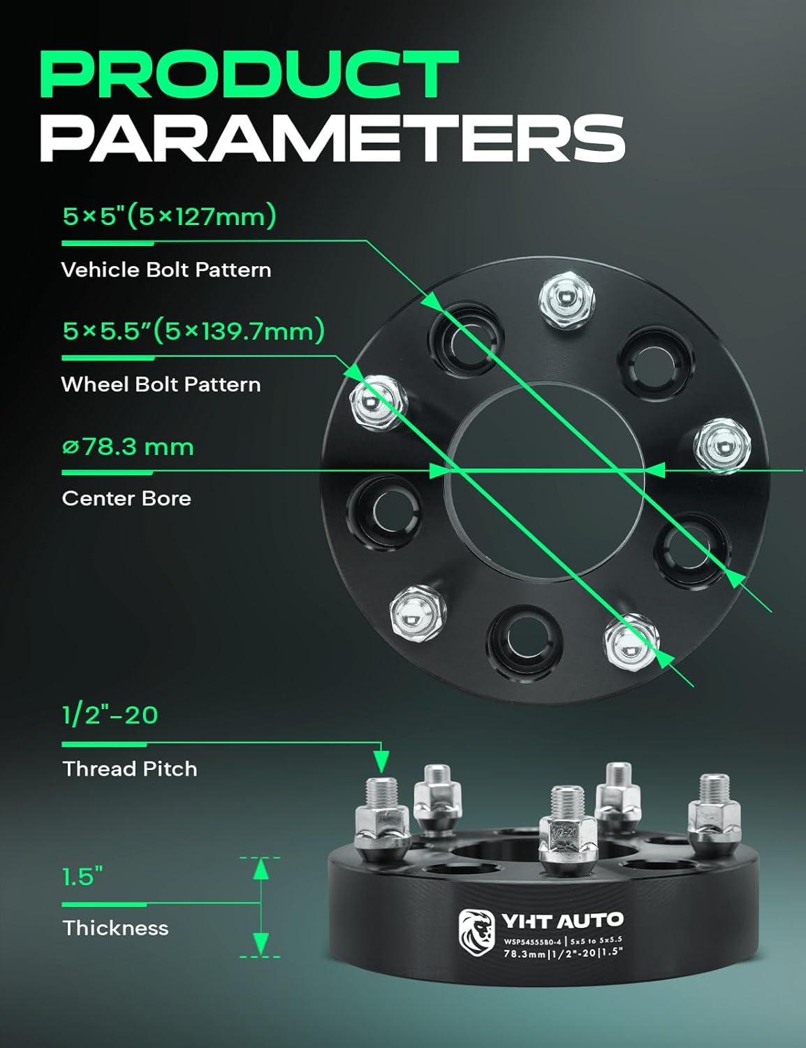 YHTAUTO 5x5 to 5x5.5 Wheel Adapters 1.5 Inch Compatible with Ford, Chevrolet, Jeep, Buick, GMC, Cadillac, Tire Spacers w/1/2-20 & 12.9 Grade Studs, 78.3mm Center Bore 5 Lug 4PCS Black