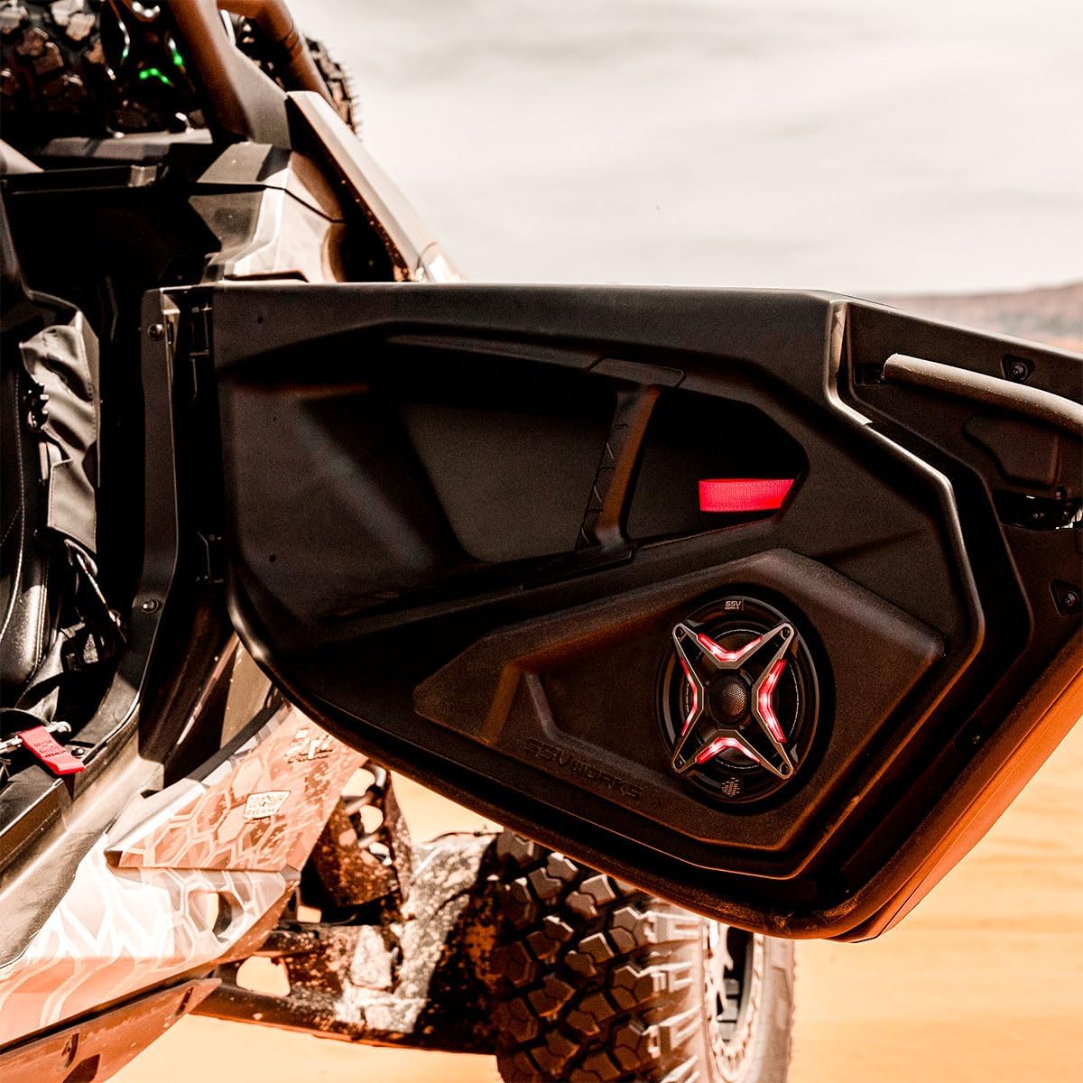 SSV Works MAVR-PHZ+DF 6.5" Front Lower Door-Pocket Speaker-Pods Compatible with 2024-2026 Canam® Maverick R and R Max (MAVR-PHZ+DFV: SSV Works V-Spec RGB Speakers)