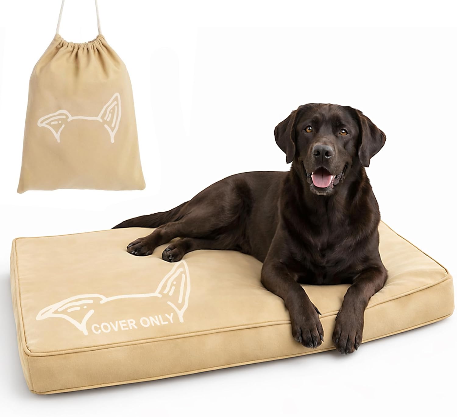 Large Washable Dog Bed Cover for 42" Crates – Water-Resistant Cotton Canvas, Hidden Zipper, Travel Tote Included – Durable Replacement Pet Bed Cover (One Ear Up)