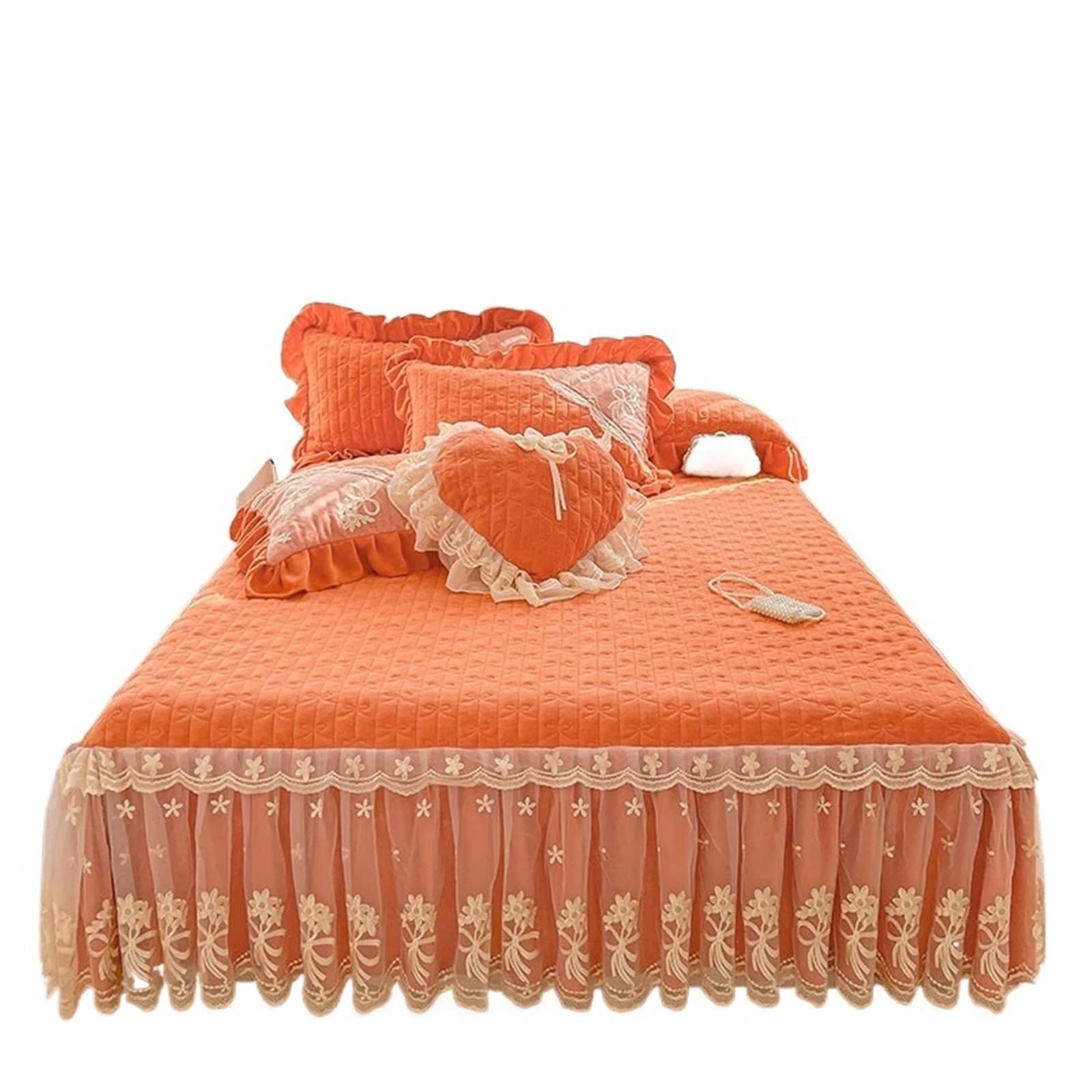 3/6Pcs Thickened Crystal Velvet Bed Skirt, Flowers Lace Embroidery Sheet, Bedspread, Quilted Cover, Pillowcases(Orange color,180X220cm 6pcs)