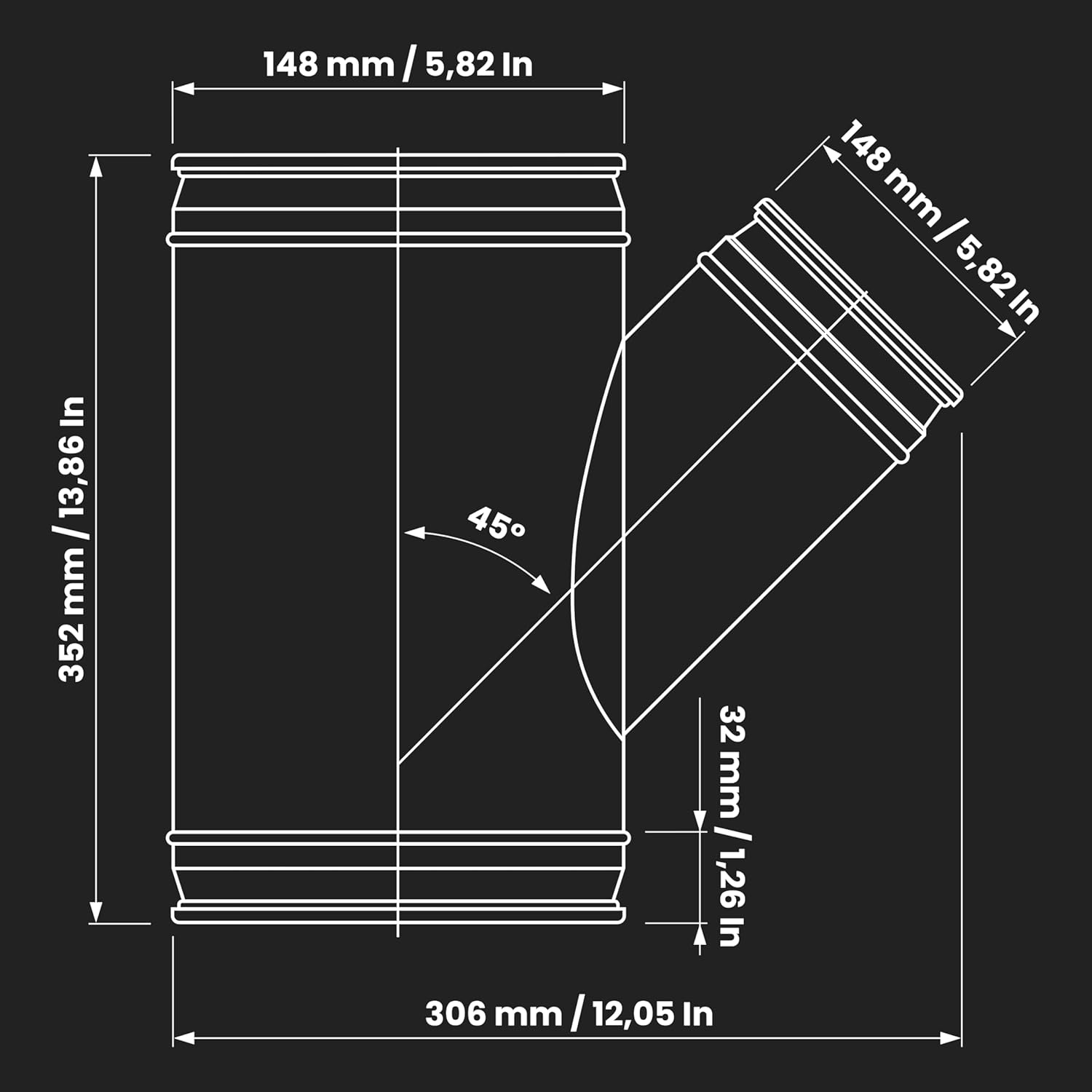 Repa Market 6'' Inch Duct Splitter to 45° Degree 6" Inch Branch for Exhaust Fan, Dryer Vent Hose - 3 Way Duct Hose Connector, Wye Shape, Ducting Adapter, 6x6x6 Splitter - Plain, Spiral Duct Connector