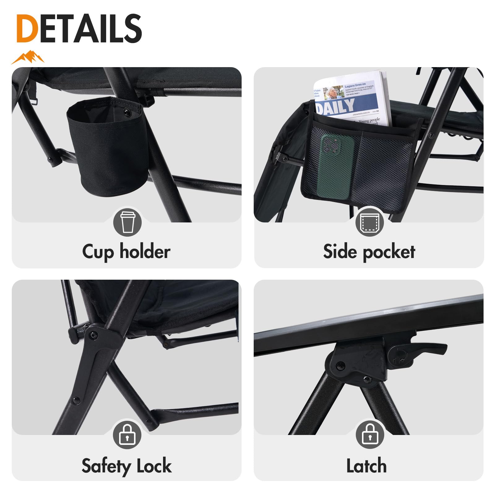 Portal Silla reclinable de camping para jardín, tumbona plegable, sillas de gravedad cero, resistentes de 180 kg, silla de cubierta con reposapiernas, silla de salón ajustable para exteriores, patio