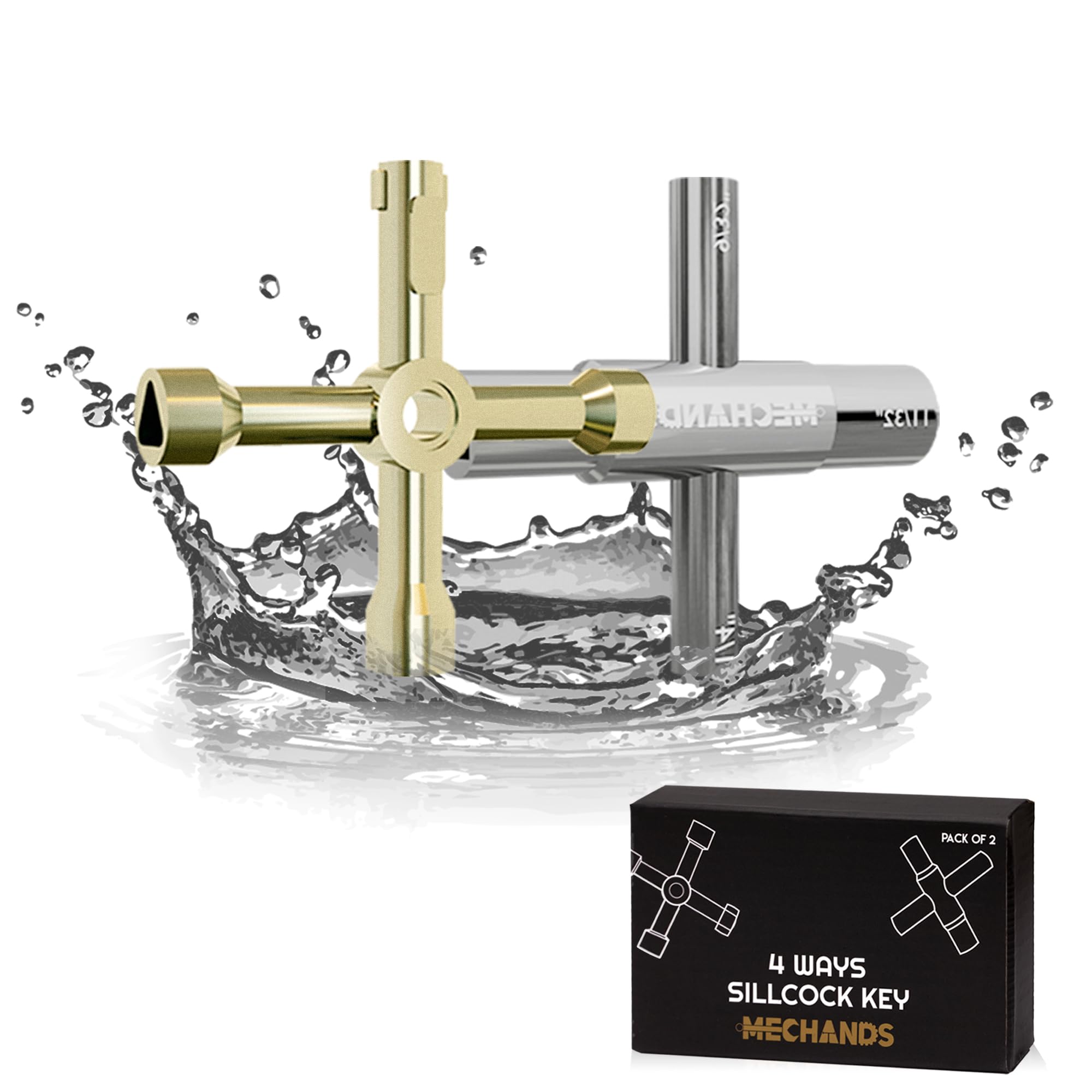 Water Key 2Pcs – Steel Water Shut Off Tool 1/4“, 9/32”, 5/16” & 11/32”- Includes 1 Silver Polish Silcock key 4 Way & 1 Golden Polish Utility Key – Perfect for Faucets, Valves, Spigots & Gas
