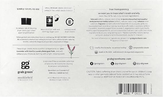 Grab Green Dryer Sheets, 80 Sheets, Lavender Vanilla Scent, Plant and Mineral Based, Compostable, Softens Fabrics, Reduces Static Cling and Wrinkles