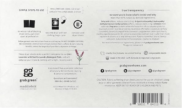 Grab Green Dryer Sheets, 80 Sheets, Lavender Vanilla Scent, Plant and Mineral Based, Compostable, Softens Fabrics, Reduces Static Cling and Wrinkles