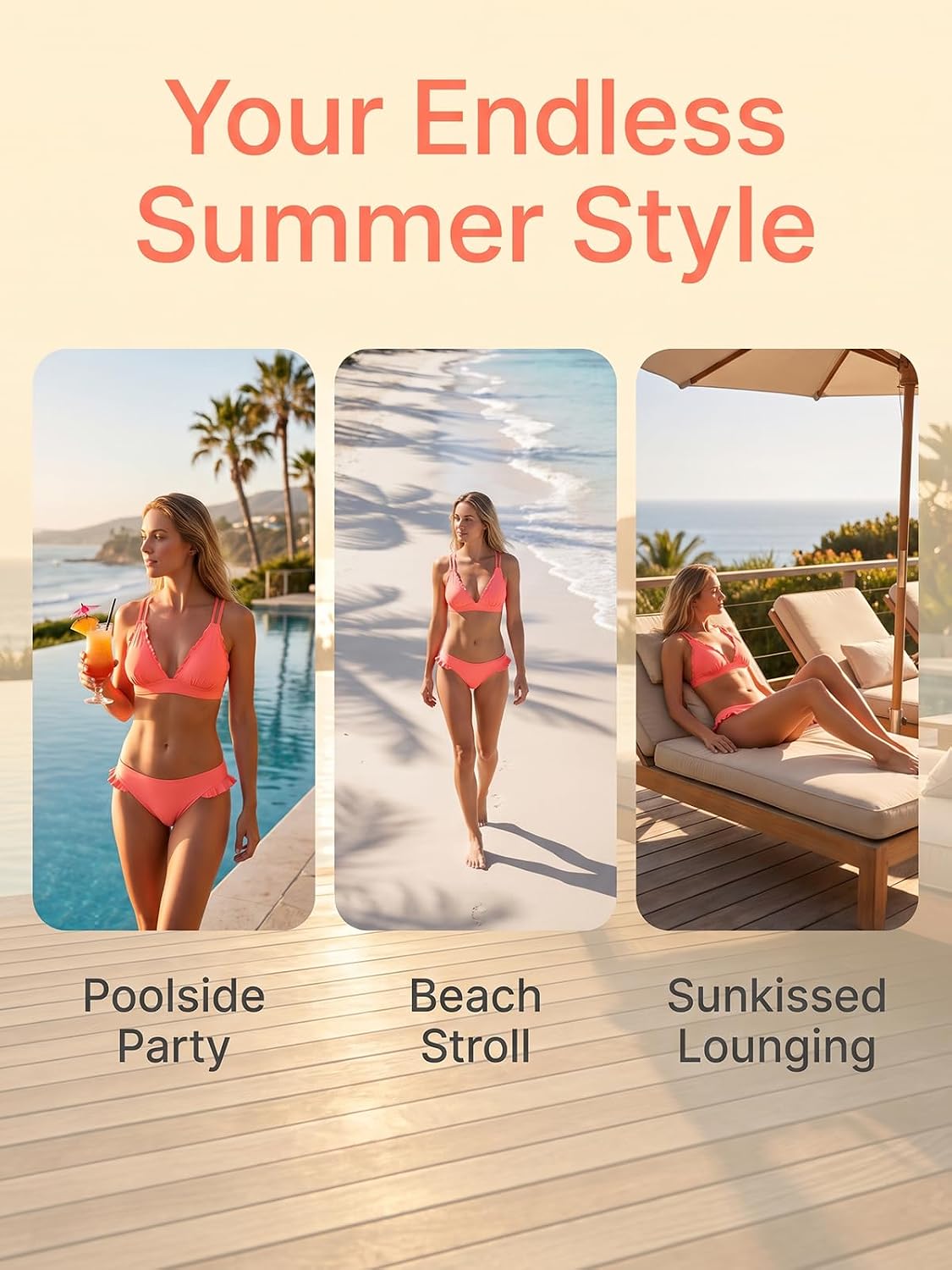 CUPSHE Women's Triangle Bikini Set V Neck Two Piece Swimsuit Ruffled | Bathing Suit, Removable Soft Cups, Double Straps, Crisscross Self Tie Back, Mid Rise, Classic Coverage, Beach Vacation