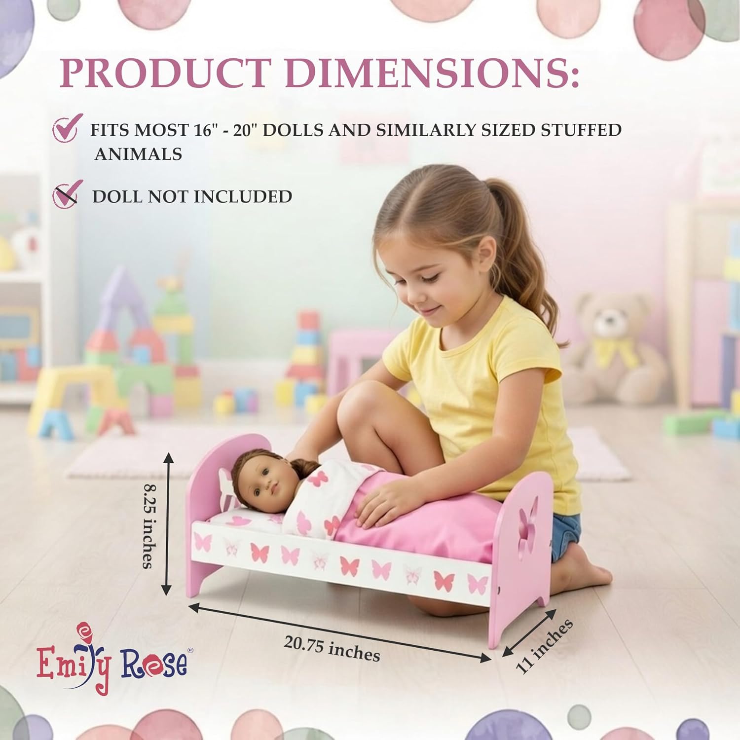 Emily Rose 18 Inch Doll Bed - Pink Wooden Butterfly Doll Bedroom Furniture with Reversible Bedding Set, Mattress, Pillow & Matching Doll Pajamas - Fits American Girl Dolls - Complete Gift Set