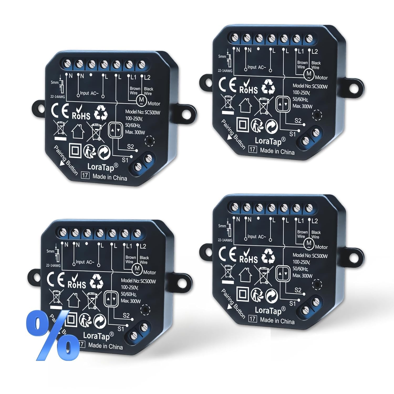 LoraTap Module Interrupteur Volet Roulant WiFi: Contrôle 0–100 % par Appli | Ouverture précise sans arrêt manuel – Groupes – Programmation, voix, sans passerelle – Interrupteur conservé – AC 4 fils 300W