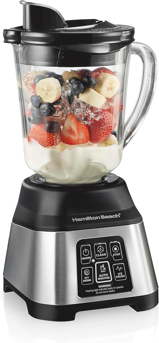 Hamilton Beach Blender for Smoothies with 5 Functions Including Auto Smoothie Cycle, Wave Action System for Ultra Smooth Results, 850 Watts, 40oz BPA Free Glass Jar, Stainless Steel (56208)