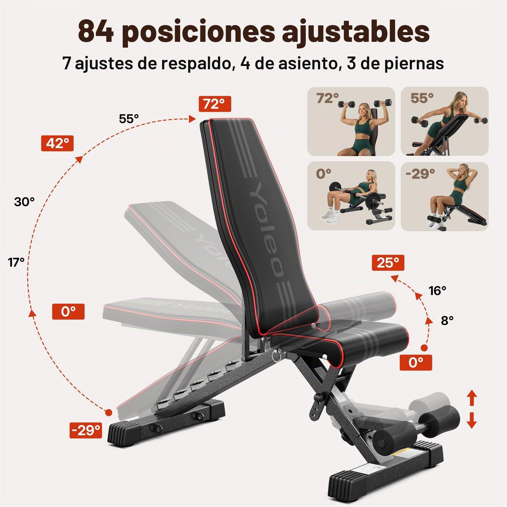 YOLEO Banco de Pesas Ajustable Plegable, Banco de Musculación Plano, Inclinado y Declinado, Banco de Ejercicios para Entrenamiento de Cuerpo Completo, Fitness para Casa