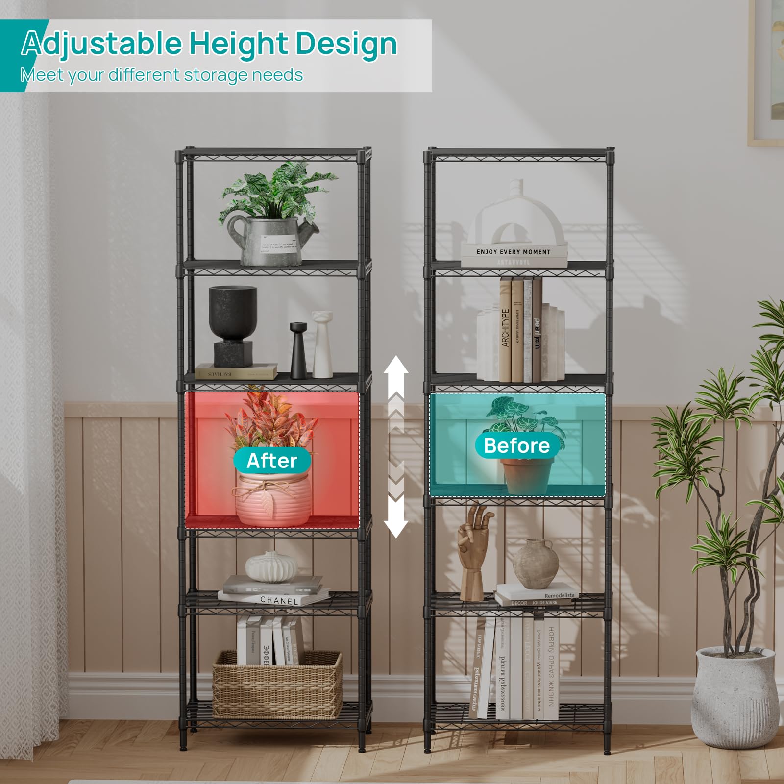 Scaffale Metallico 6 Ripiani Sakugi – Organizer Salvaspazio Per Dispensa E Cucina – Nero 45x30x177 Cm