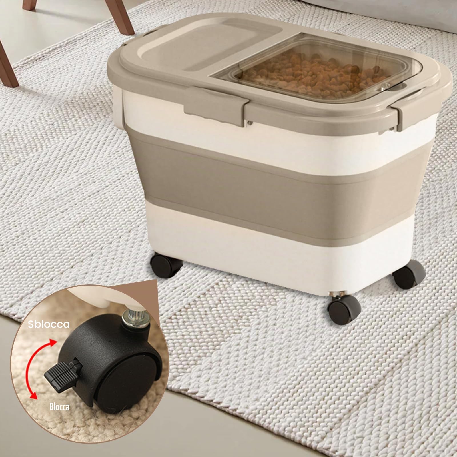 Contenitore per Cibo per Animali Domestici Pieghevole da 7-10kg, Contenitore per Cibo per Cani e Gatti, Set Completo con Paletta, rotelle, Misurino, Ermetico e Portatile per Crocchette e Snack