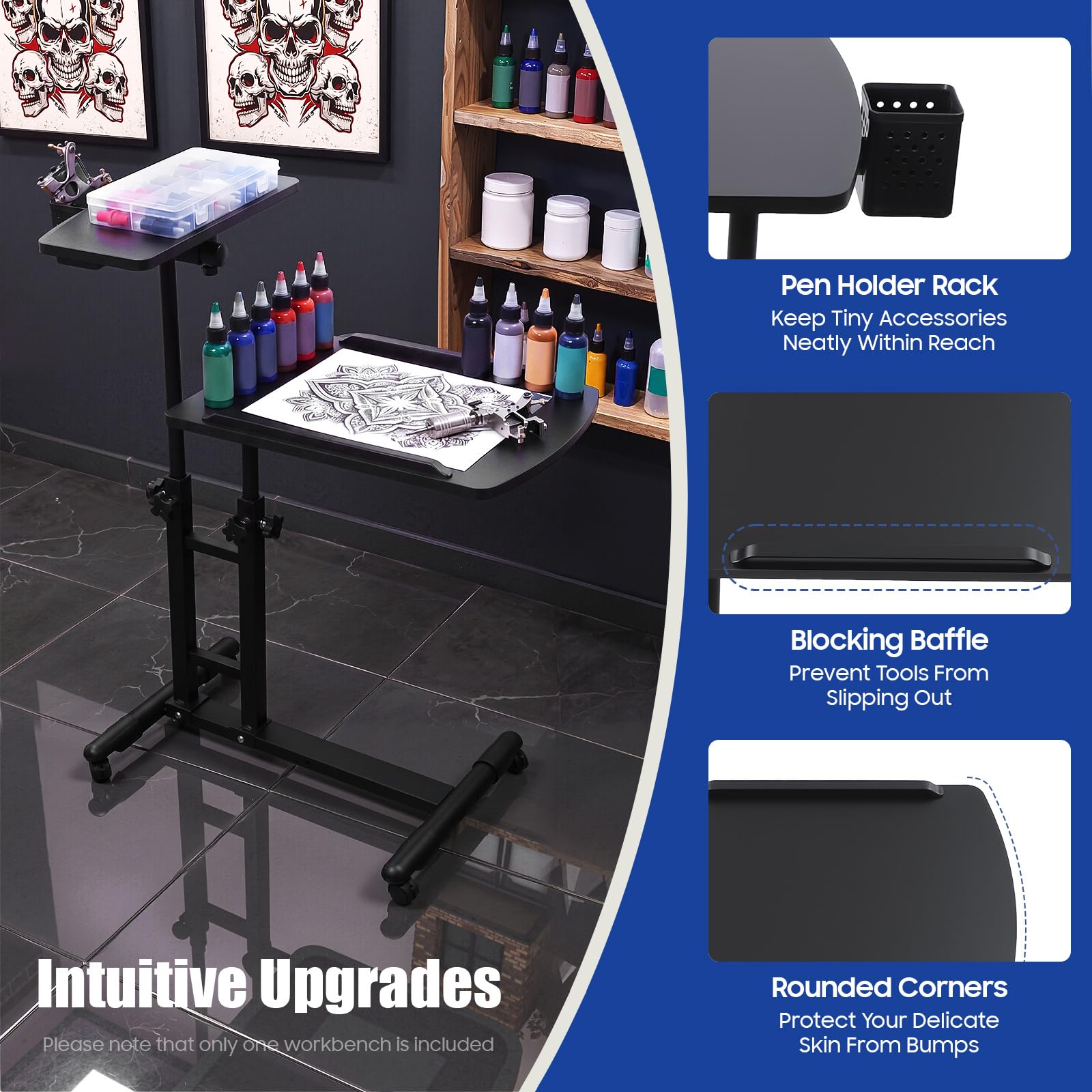 Poste de Travail Tatouage, Table de Tatouage Réglable Roues Double