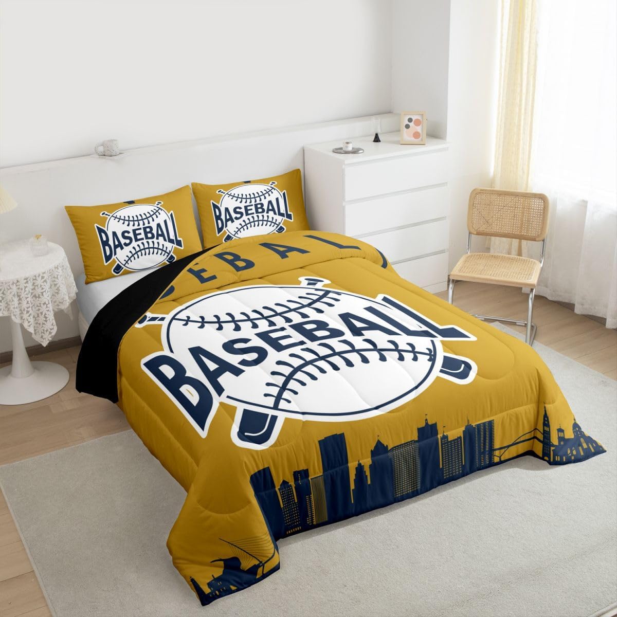 Erosebridal Baseball City Bedding Set for Boys, Baseball Comforter Set Full Size City Building Silhouette Duvet Insert for Kids Teens Adult Room, Sports Games Quilt, Yellow Navy Blue