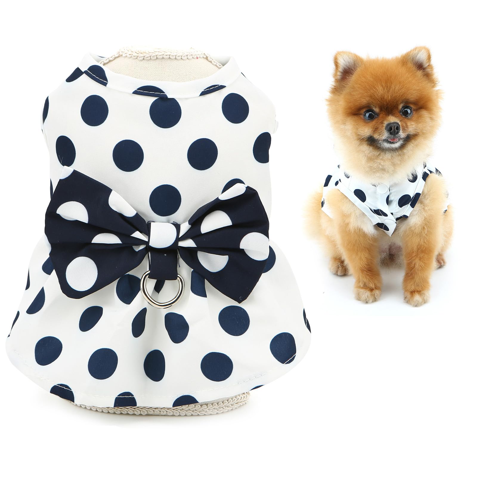SMALLLEE_LUCKY_STORE Polka Dot Dog Dresses for Small Dog Girls Puppy Harness Dress with D-Ring and Bowknot Spring Summer Breathable Pet Skrit Chihuahua Yorkie Cat Clothes, White, M