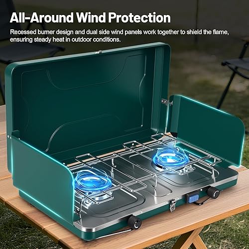 Miniatura 3 de Estufa de campamento de doble quemador, cocina de gas al aire libre resistente al viento, placa plegable estable para portón trasero, caravana,