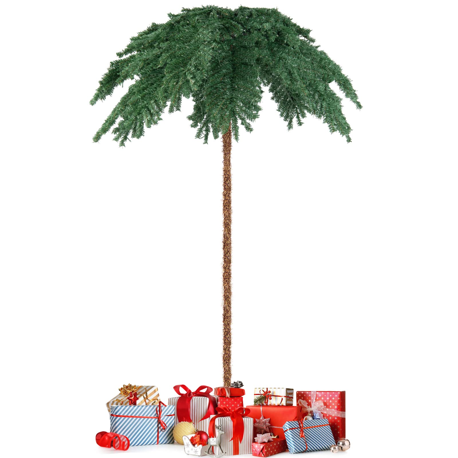 COSTWAY Sapin de Noël Artificiel de 180 cm, Palmier de Noël Pré-Illuminé avec 250 Lumières LED Blanc Chaud, 813 Branches, Structure à Charnière, Support, pour Porche, Maison