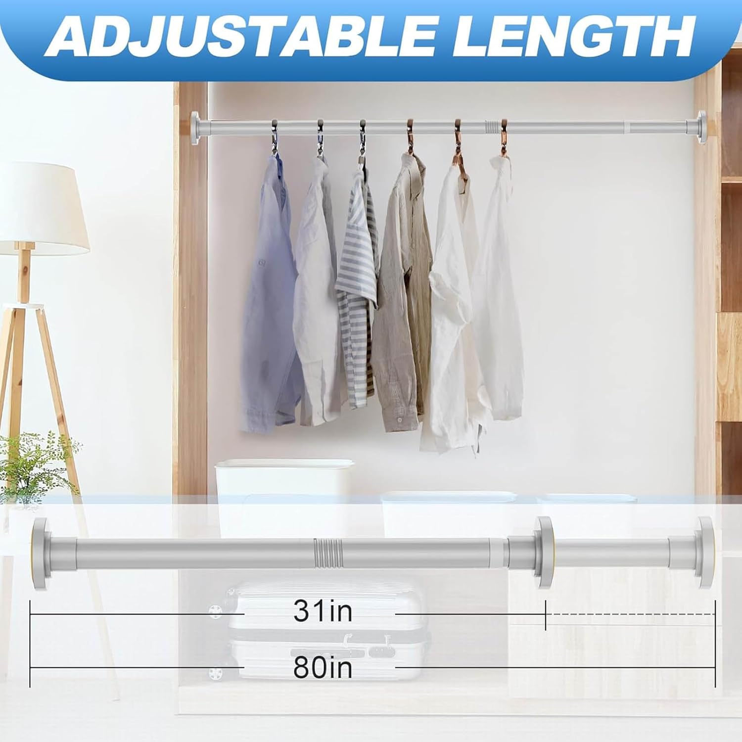 31 To 80 Inch Telescopic Curtain Rod, 1 Inch Diameter Adjustable Spring Tension Stainless Steel Telescopic Rod, Easy to Install,for Bedroom, Living Room, Patio and Kitchen(Size:Silver)