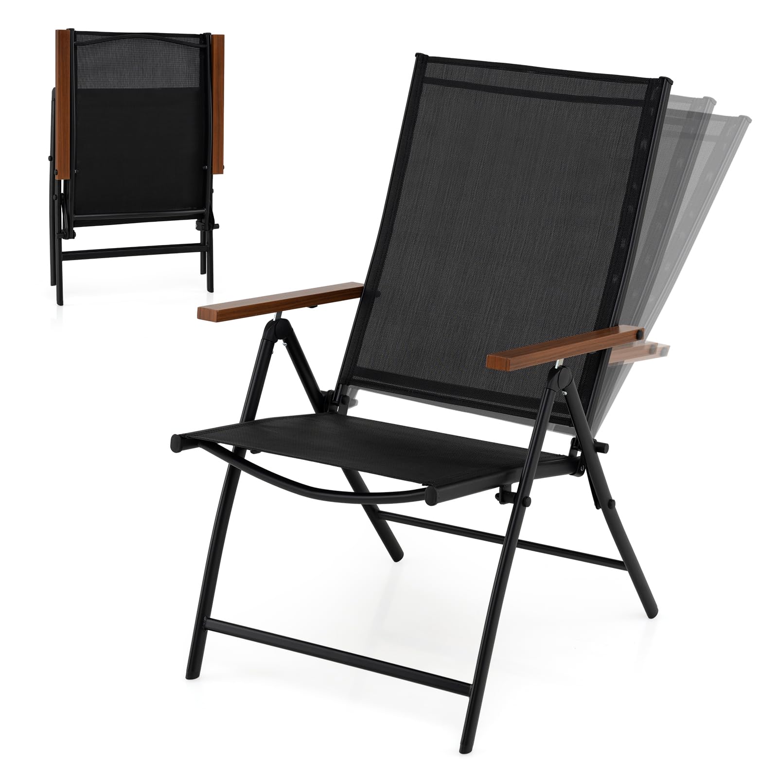 TANGZON Folding Garden Chairs Set of 2/4, Outdoor Dining Chairs with Adjustable Backrest & Armrests, Metal Frame Portable Leisure Armchairs for Patio Backyard Lawn Balcony Bistro (2, Black+Brown)