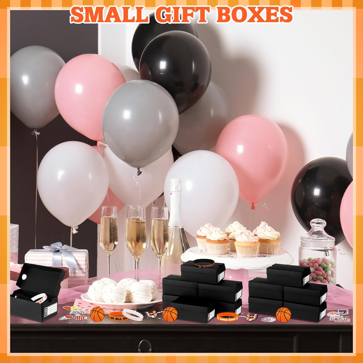 Fullhawl 12 Sets Mini Sneaker Boxes for Party Favors 4.72 x 2.56 x 1.97 Inches Mini Shoe Gifts Boxes with Editable Label Keychains Ball Bracelets Stickers for Sport Basketball Party Supplies(Black)
