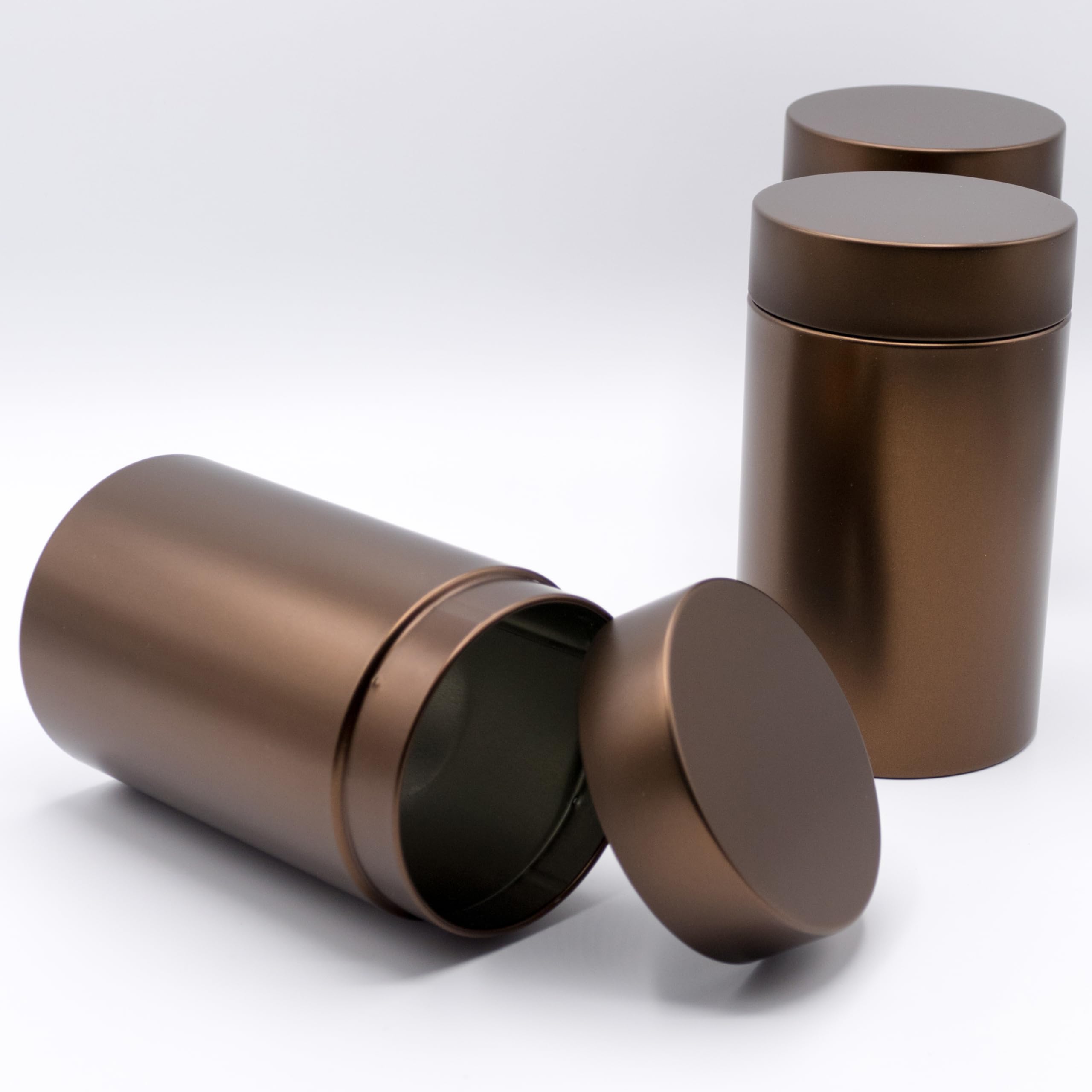 3 x okrągła puszka na herbatę / puszka na zapasy, metaliczna kawowo-brązowa, odporna na zapachy z metalu, każda po 200 g Earl Grey | 14,5 x 8,3 (wys. ,Ø) | idealnie nadaje się również