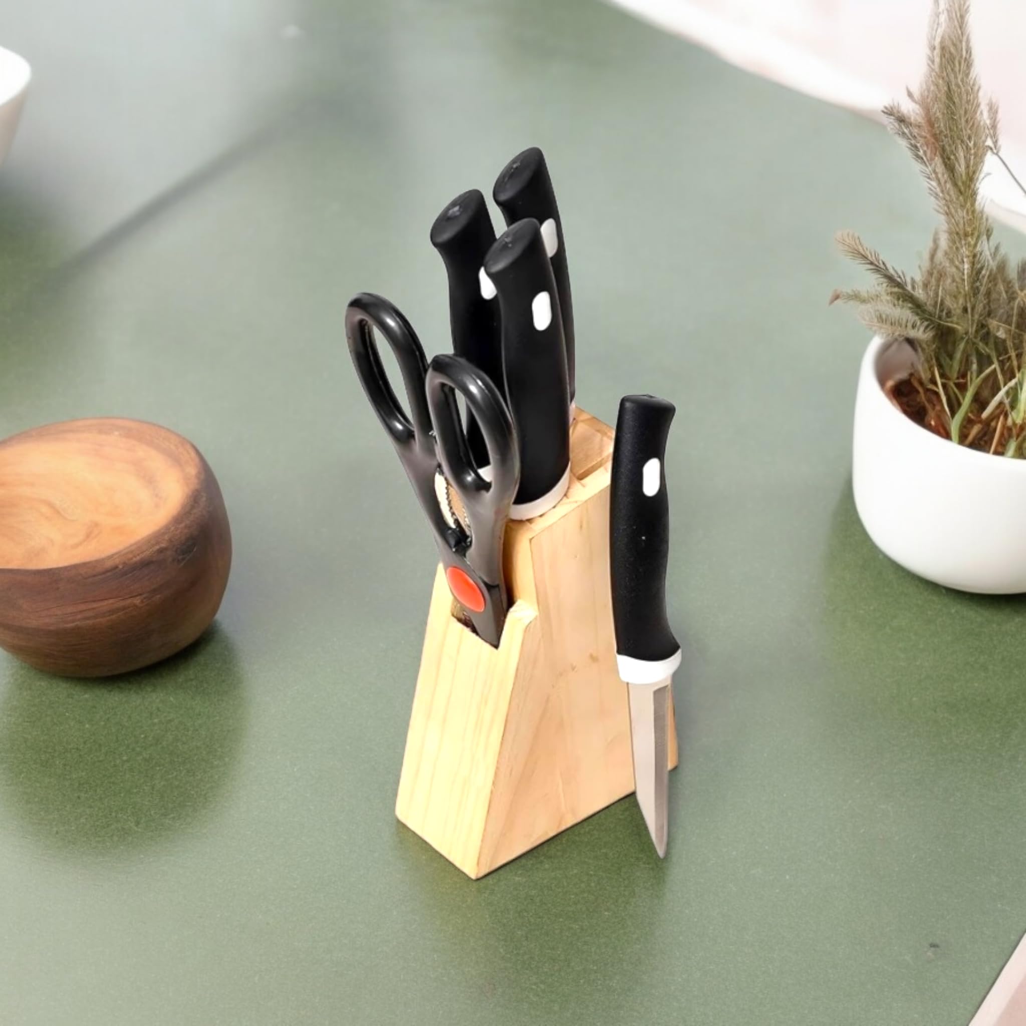 Kitchen Knifes 6 Piece Set with Wooden Block (Stainless Steel) 4 Knives, 1 Scissor, 1 Wooden Case