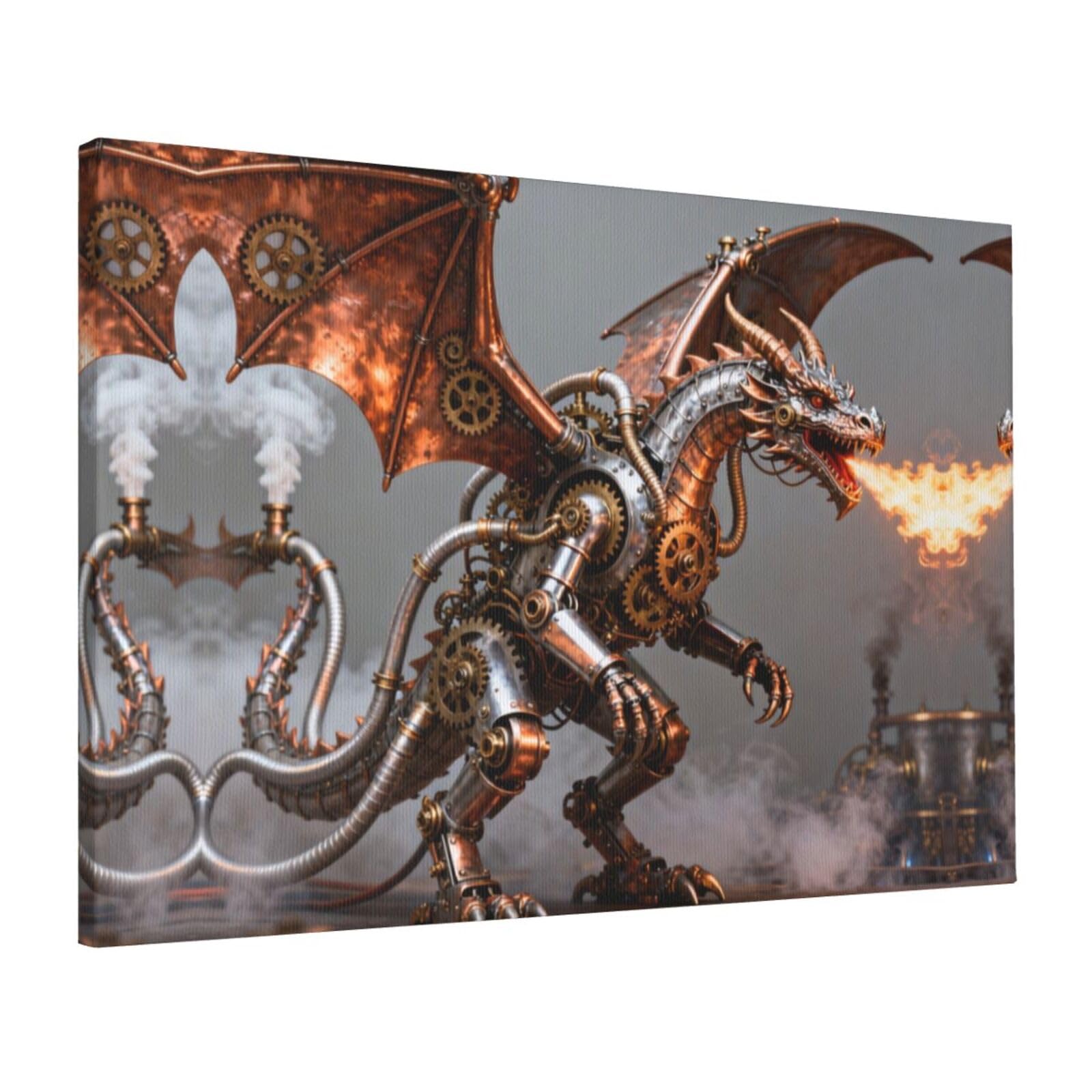 CNTDBU Steampunk Dragon Gear Canvas Wall Art 16x24 Inch-Large Modern Painting Print for Living Room, Framed Ready to Hang Artwork for Bedroom