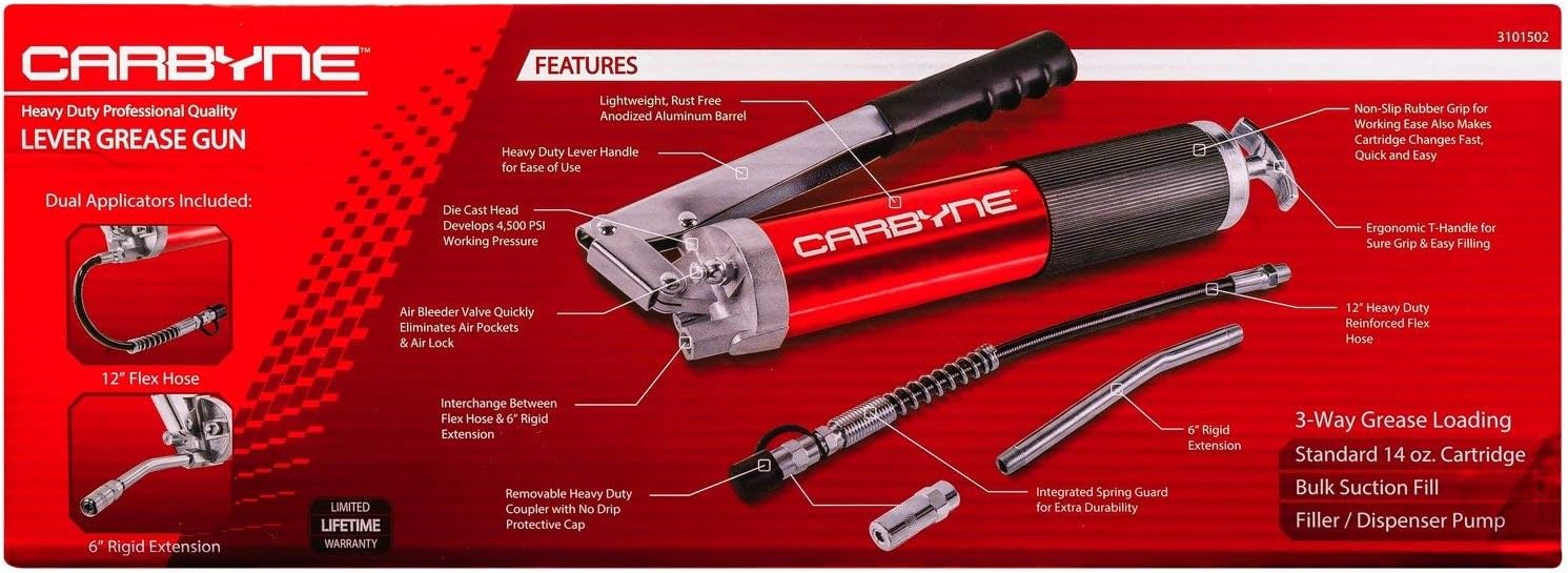Carbyne Grease Gun, Lever Handle, Anodized Aluminum Barrel, 3-Way Loading, 12 in. Flex Hose, 6 in. Rigid Extension, Coupler, for Zerk Fittings