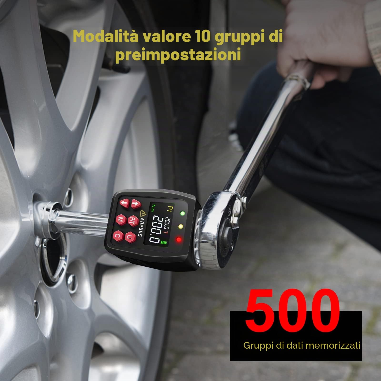 ANPUDS Adattatore Chiave Dinamometrica Digitale 1/2", 10-200Nm Chiave Dinamometrica con Alta Precisione ±1%, Preimpostata, Archivio Dati, Buzzer e Notifica LED, Adattatori da 1/4" 3/8" per Auto, Moto