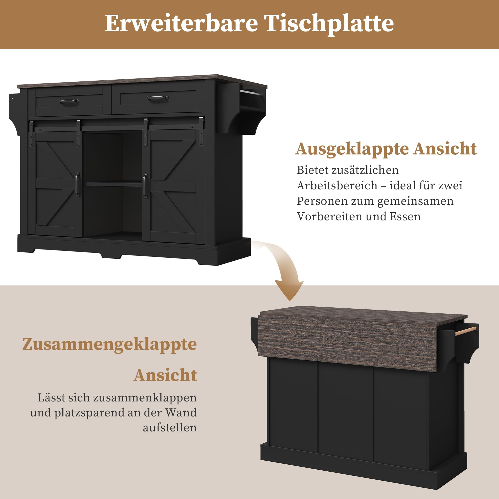 Merax Kücheninsel Freistehend mit Klappbarer Arbeitsplatte, Bewegliche Küchenwagenl mit Schiebetüren, 5 Rollen, Schrank, 2 Schubladen, Gewürzregal und Handtuchhalter, 120x70x91cm (Schwarz)
