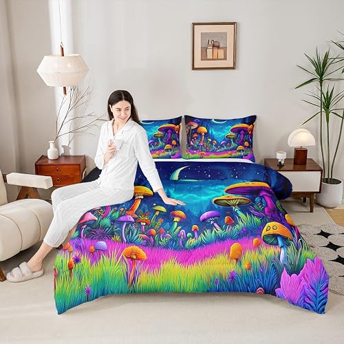 Mushroom Kids Bedding Set Queen Size,Star Moonlight Galaxy Magical Comforter Set