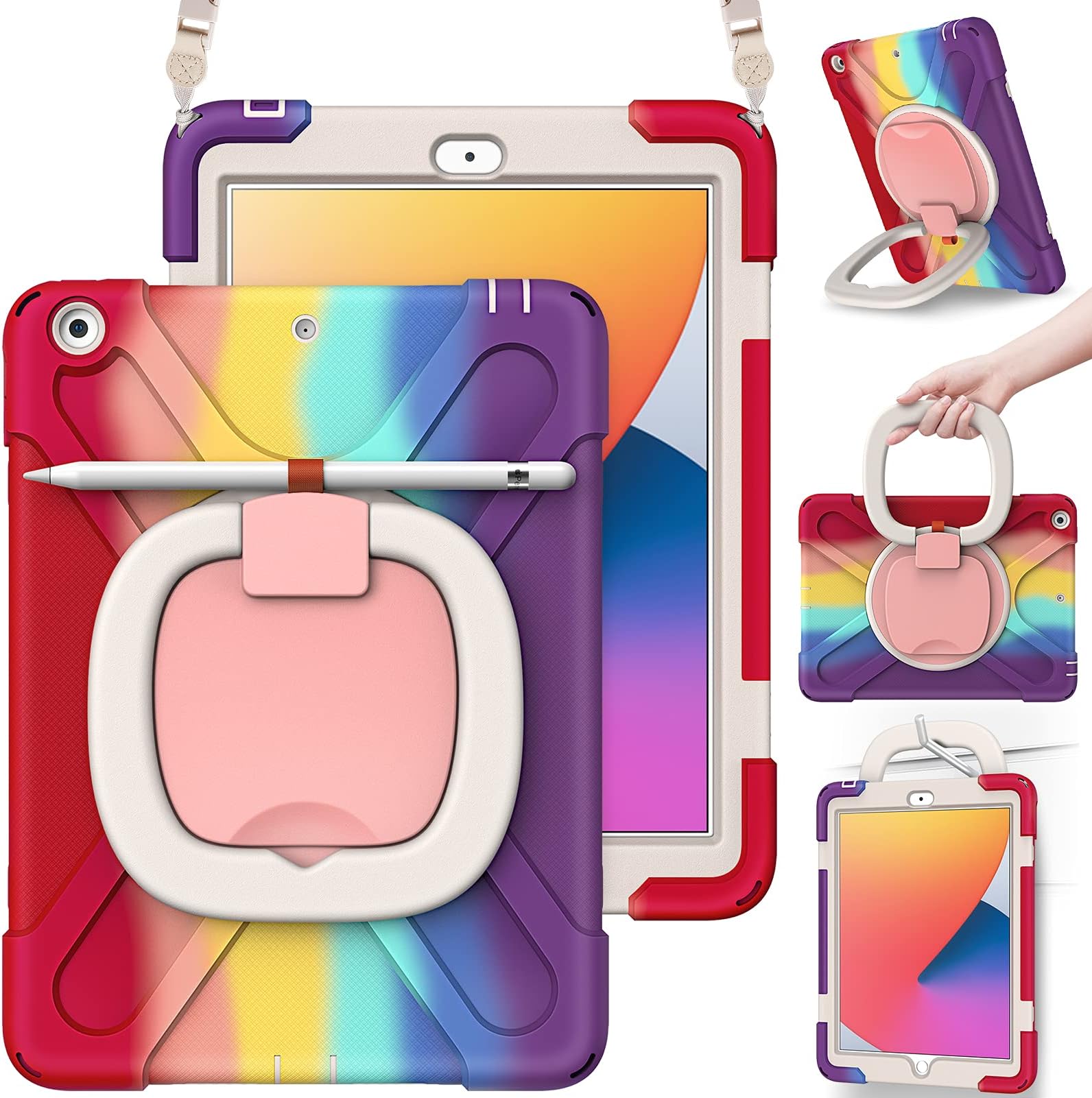 KENOBEE Case for iPad 10.2 inch 9th / 8th / 7th Generation (2021/2020/2019), 360° Rotating Handle-Kickstand Shockproof Cover Built-in Screen Protector & Shoulder Strap & Pen Holder, Rainbow Red