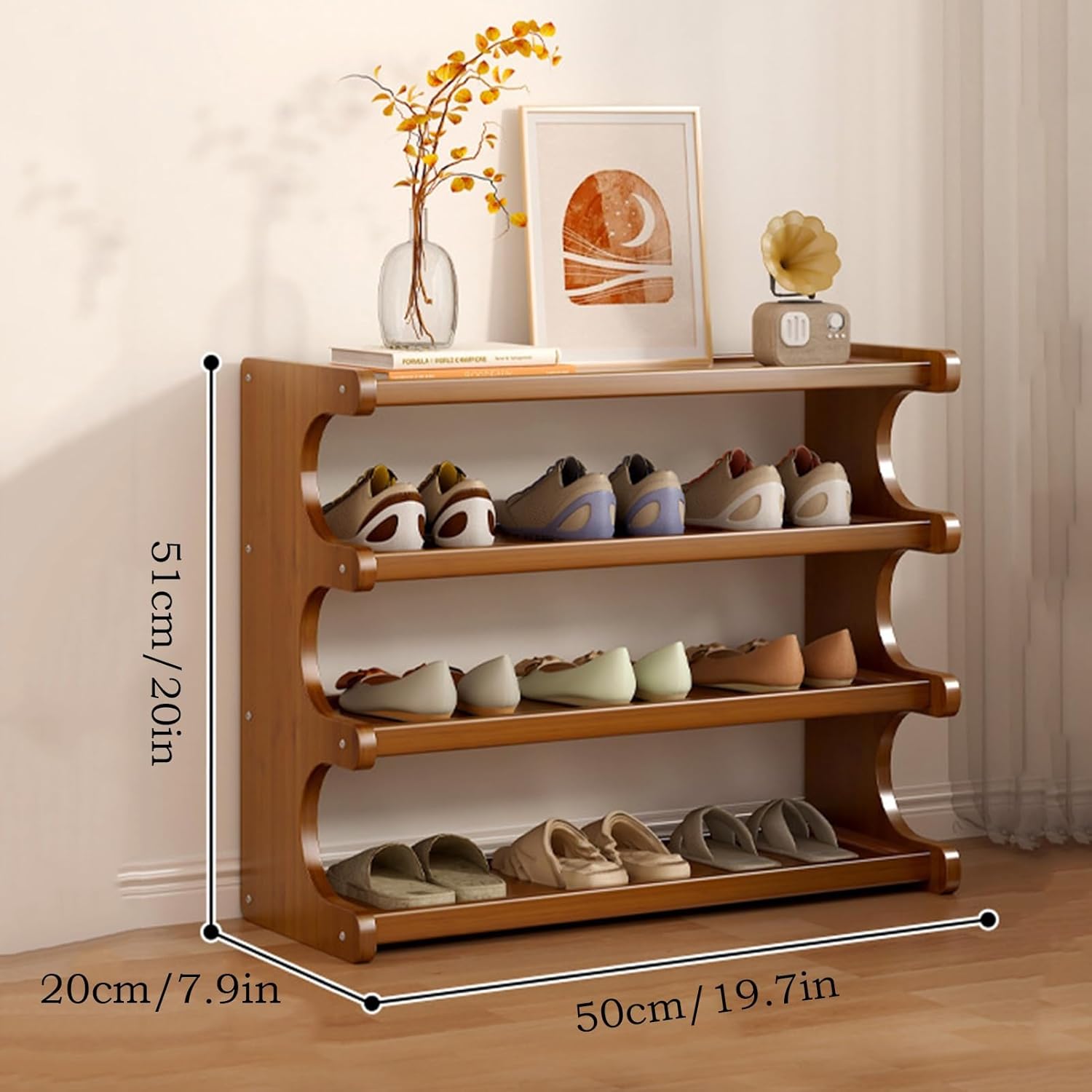 4-Tier Freestanding Shoe Racks Bamboo Shoe Organizer 3-12 Pairs Tall Shoes Storage for Entryway Closet Garage(19.7 x 7.9 x 20in)