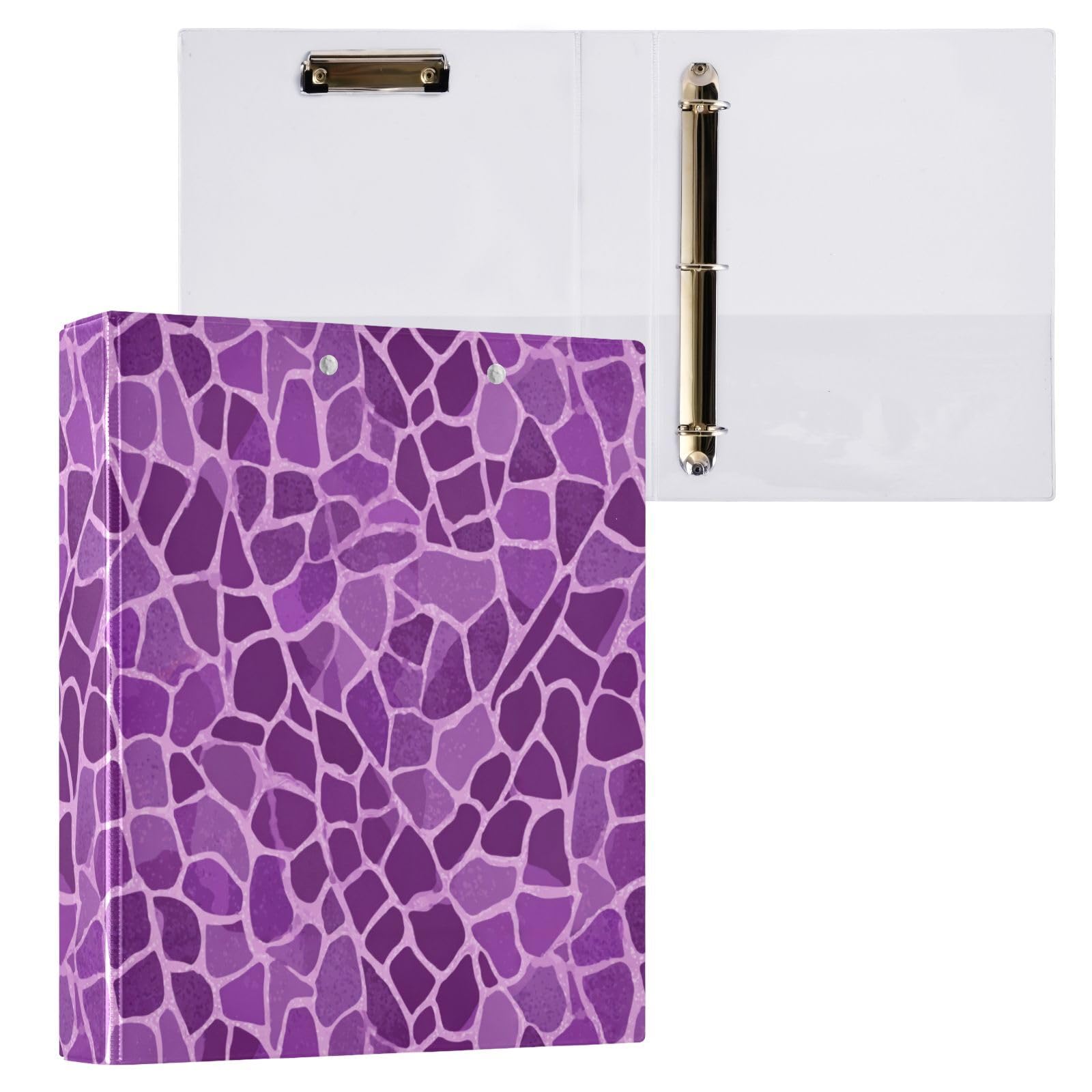 Kcldeci Raccoglitore a 3 anelli con copertina rigida per carta formato lettera, motivo pelle di giraffa viola, anelli rotondi da 3,8 cm, organizer per scuola/ufficio, confezione da 2