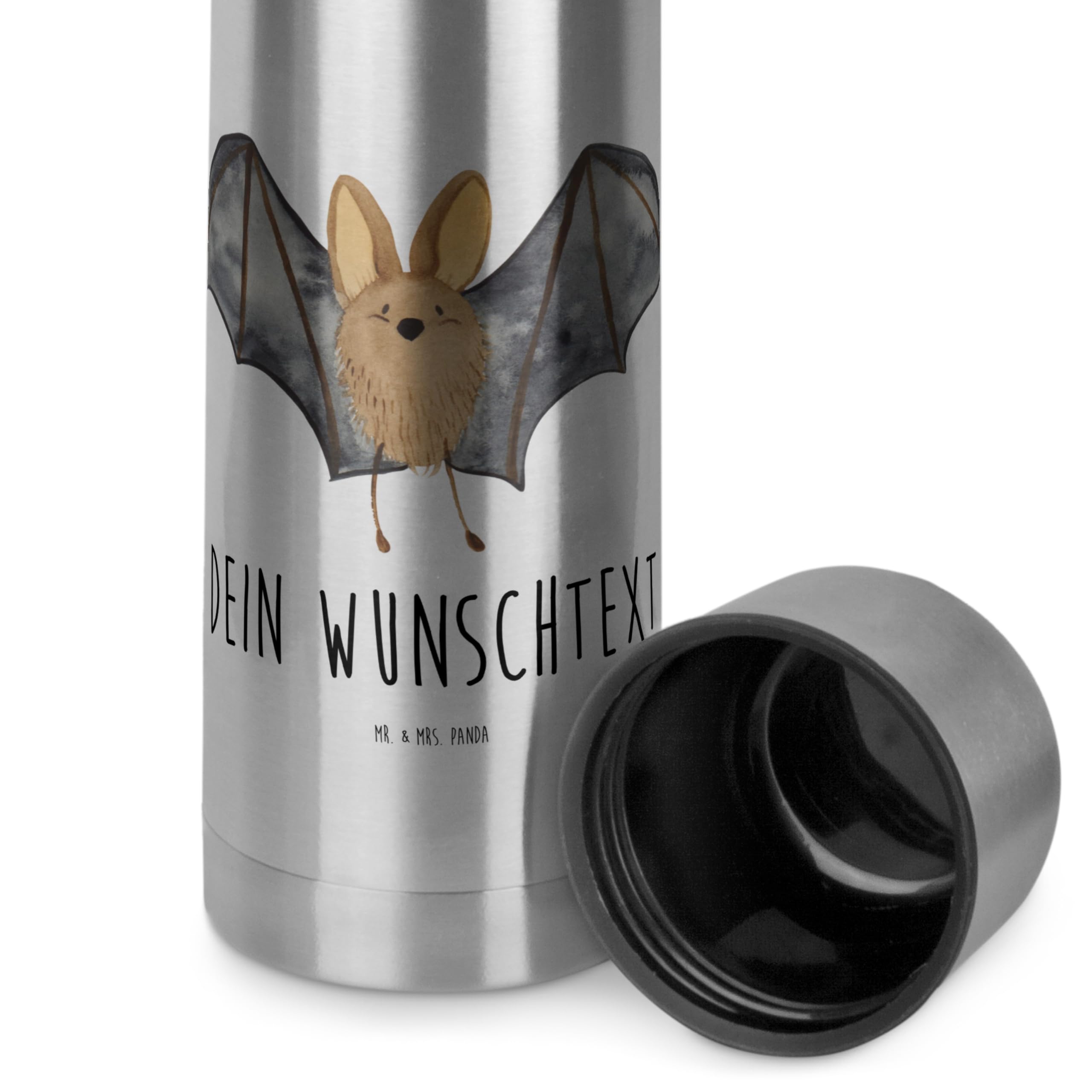 Mr. & Mrs. Panda Personalisierte Thermoskanne Fledermaus Flügel 750 ml - Geschenke, Thermos mit Text, Namen, Lustige Sprüche, Personalisiert